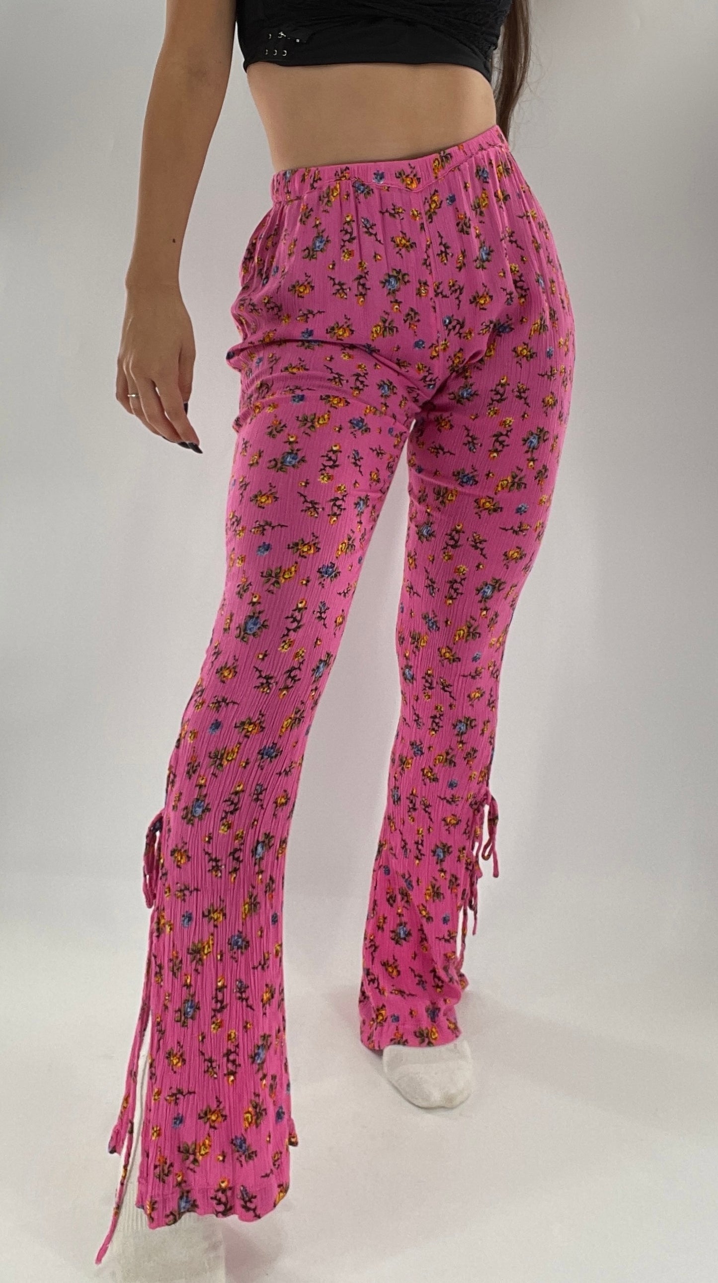 Urban Outfitters Crimped Floral Flares with Tie Up Ankle Detailing (Small)