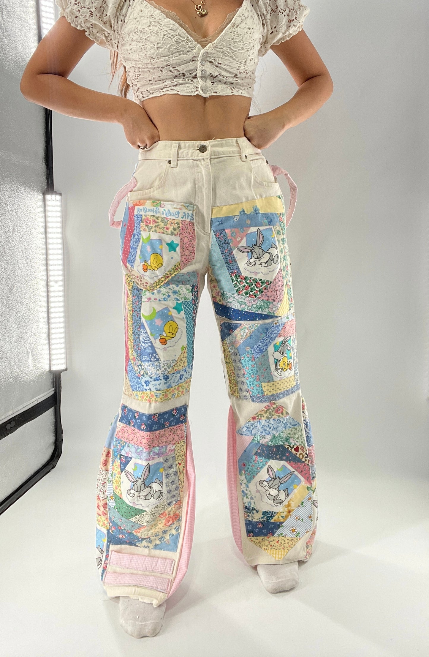 Custom - Handmade Reworked Looney Toons Cutie Pie Patchwork Flares