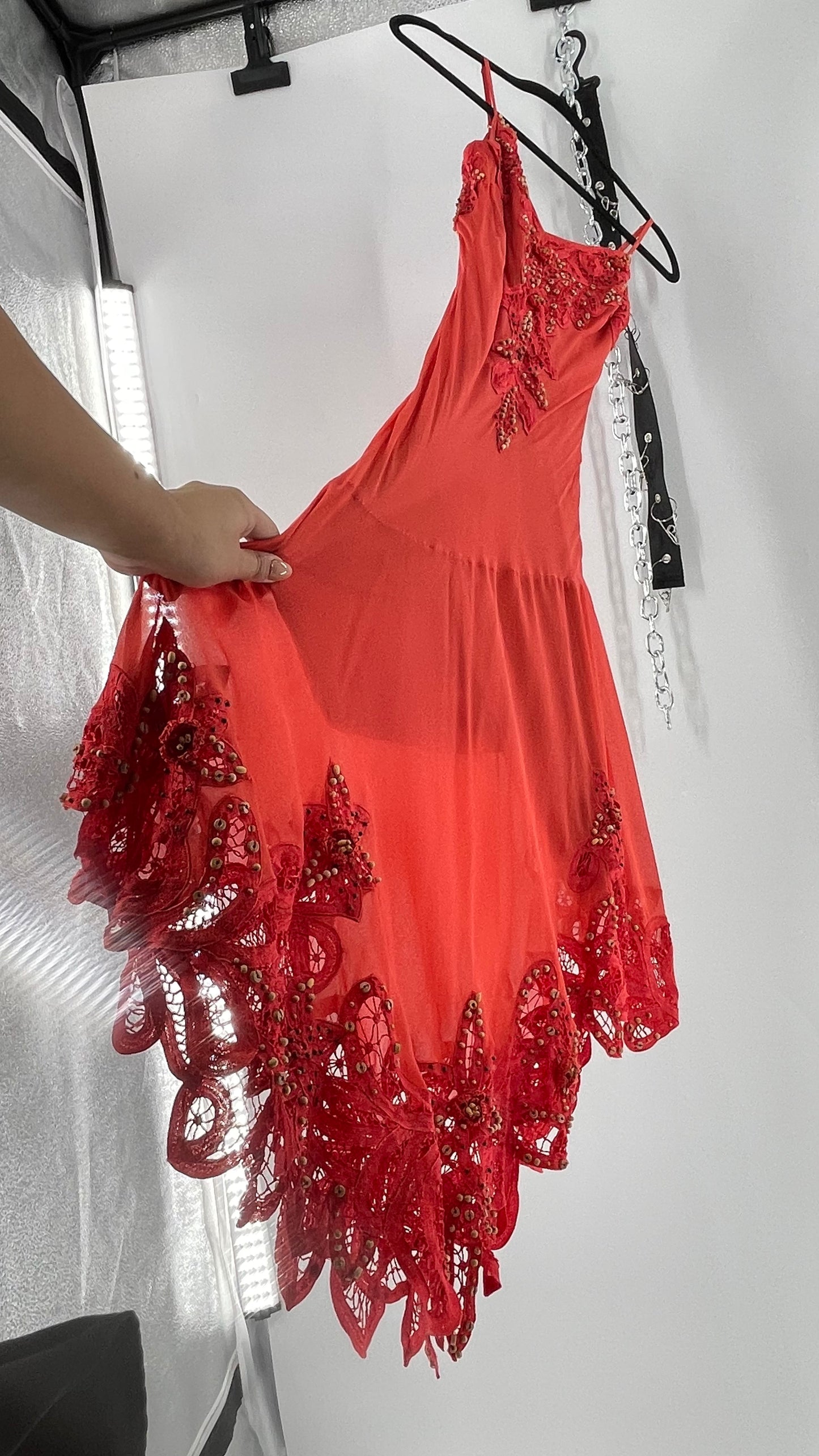 1990s Vintage Cache Coral Appliqué Tropical Beaded Slip (2)
