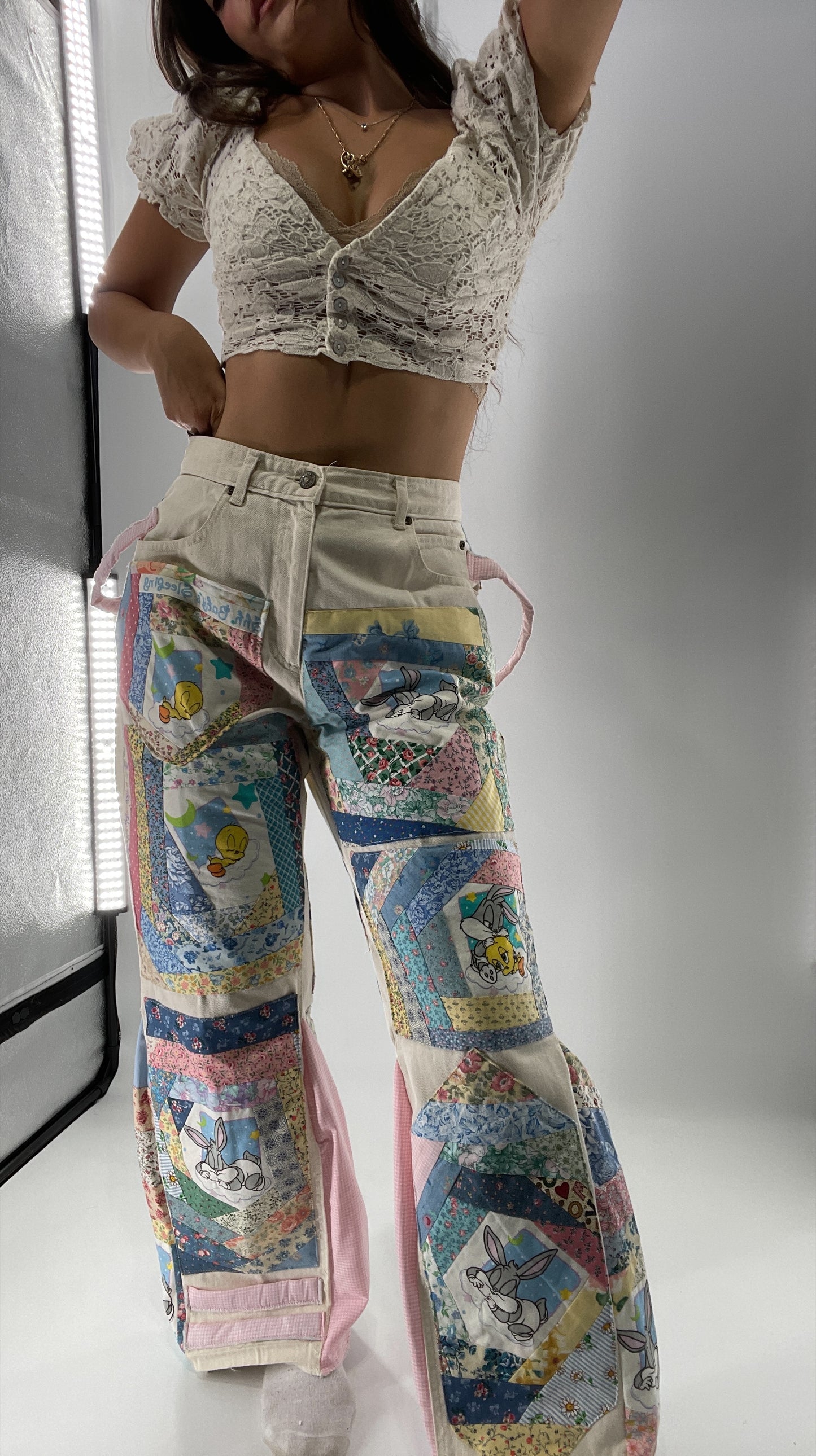 Custom - Handmade Reworked Looney Toons Cutie Pie Patchwork Flares
