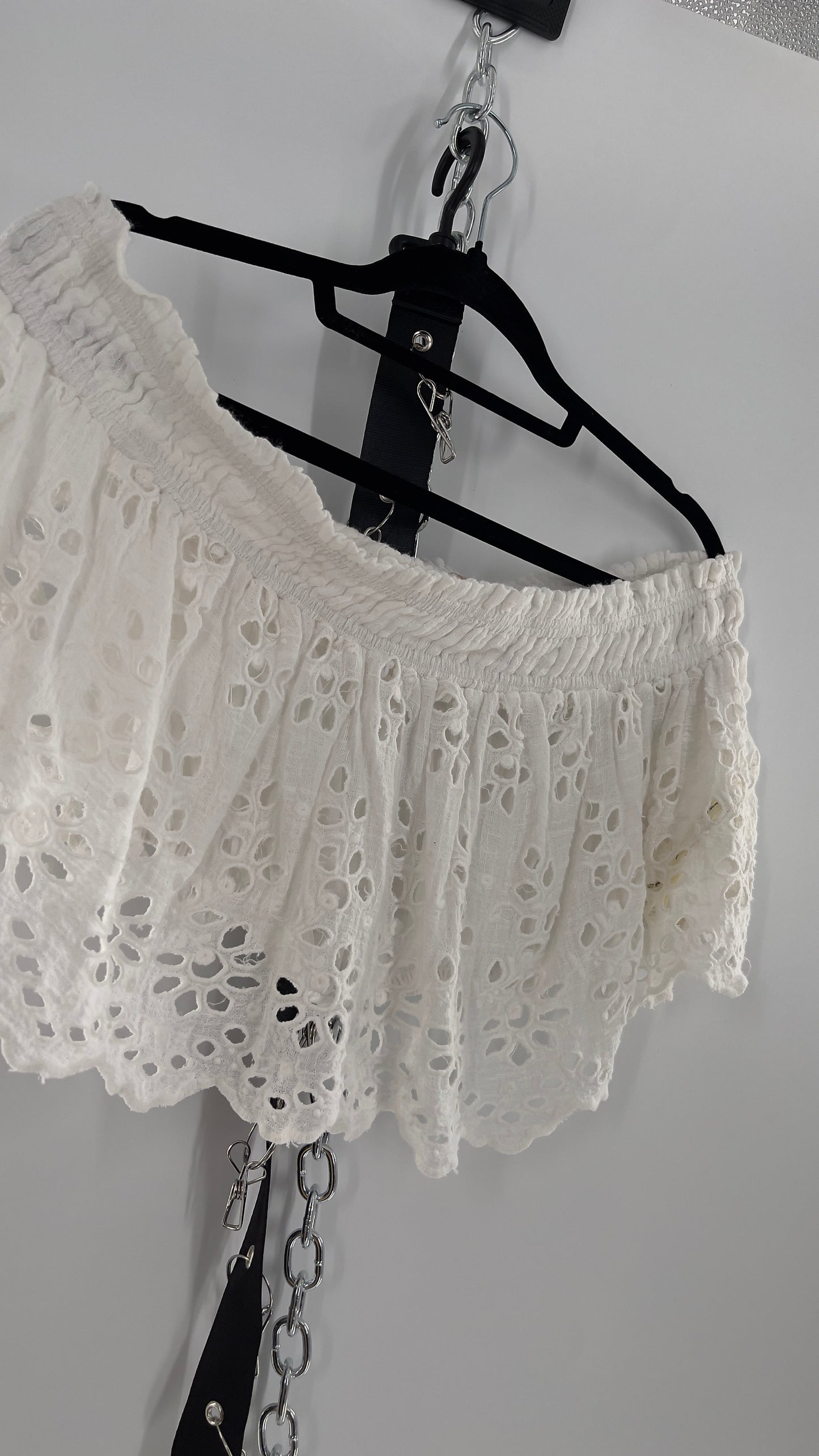 Free People Eyelet Cotton White Off the Shoulder Ruffle Bandeau (Medium)