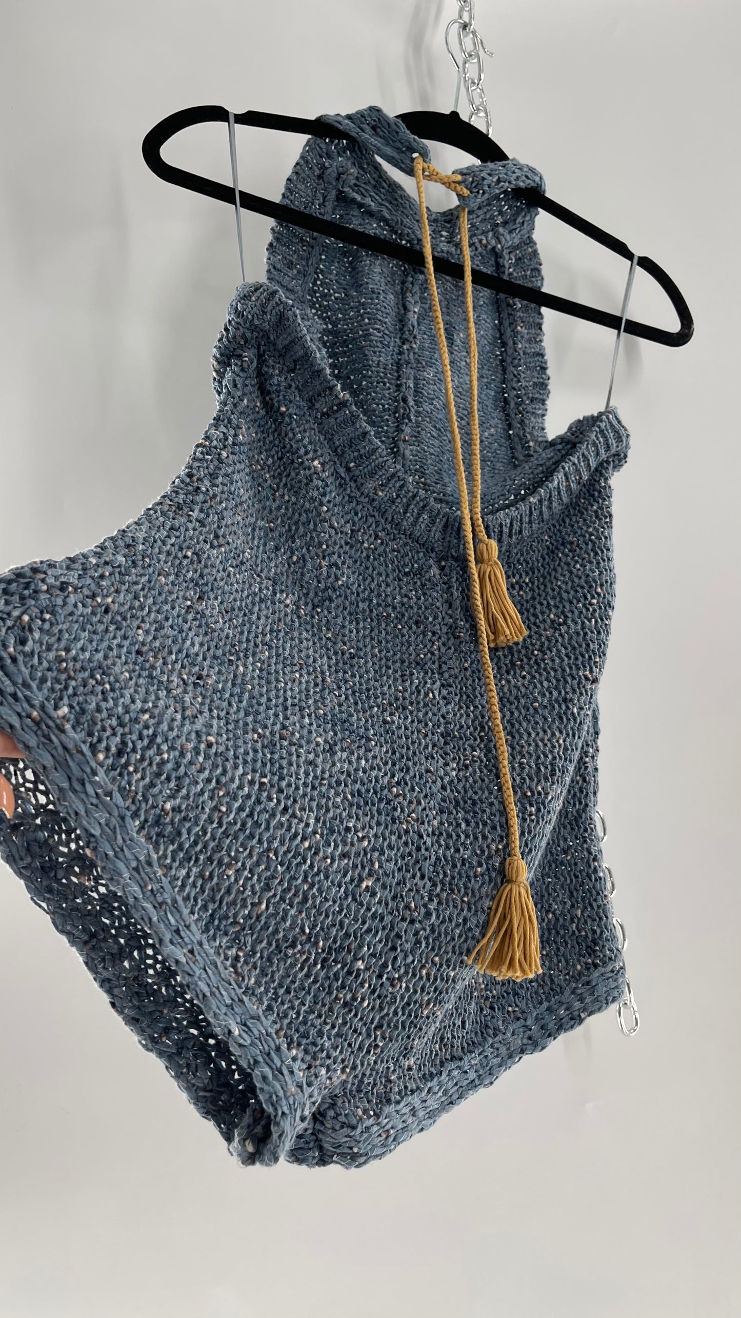 Free People Blue Crochet Knit Halter Romper (Medium)