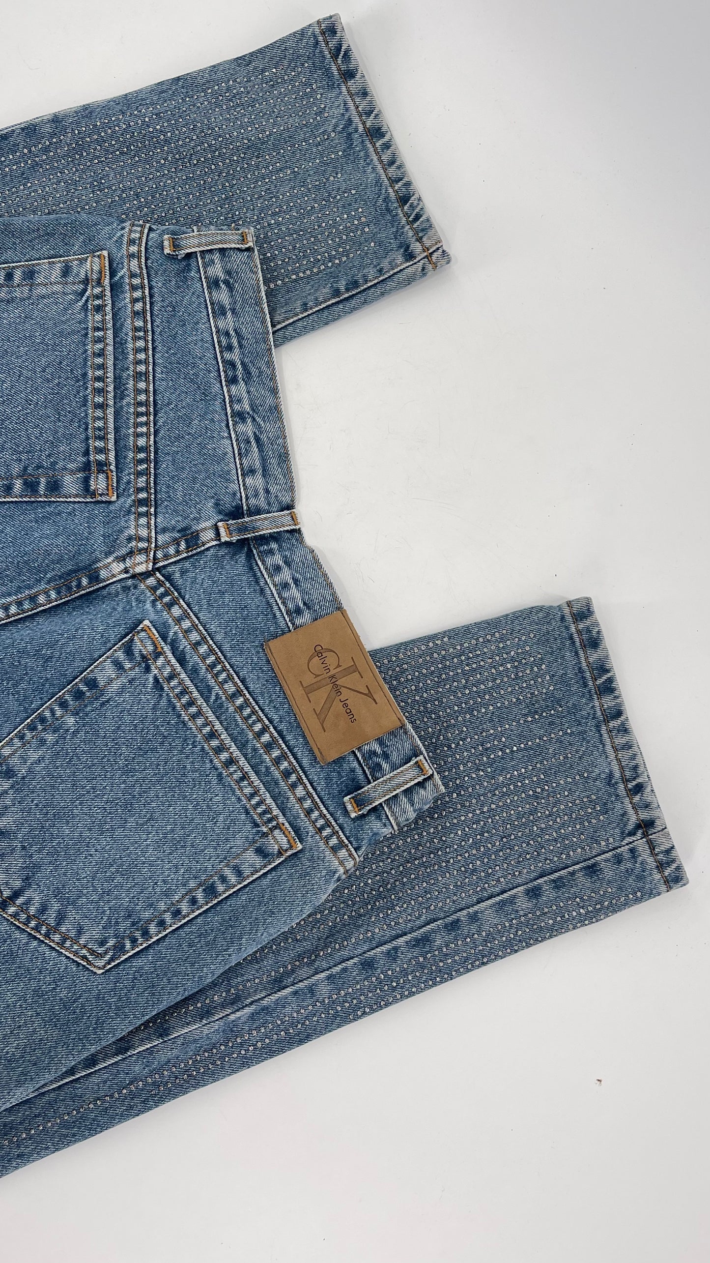 Vintage Calvin Klein Stone Washed Jeans with Silver Glitter Hem (29/30)