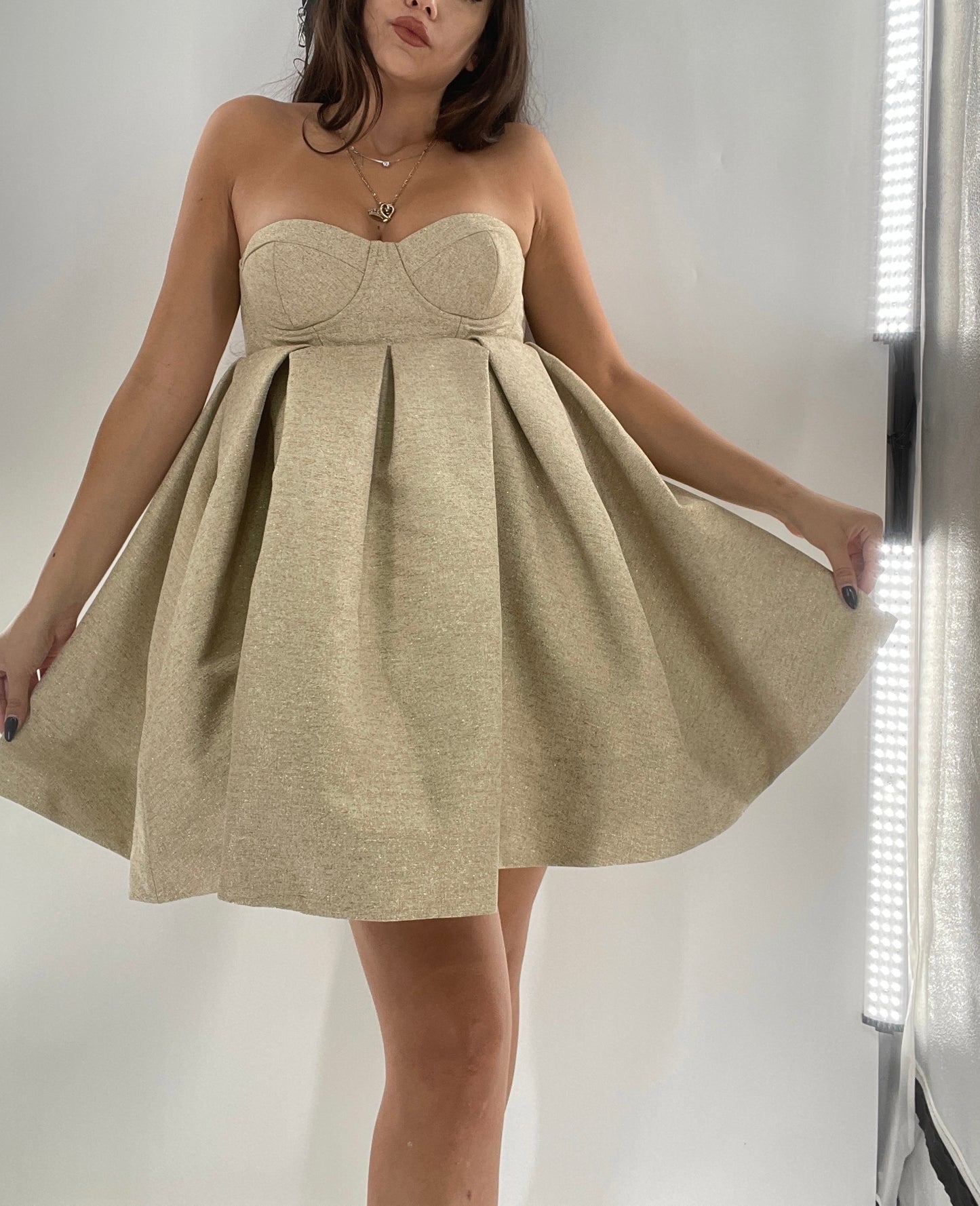 House of CB Gold Glitter Poof Mini Dress with Built in Corset (Small)