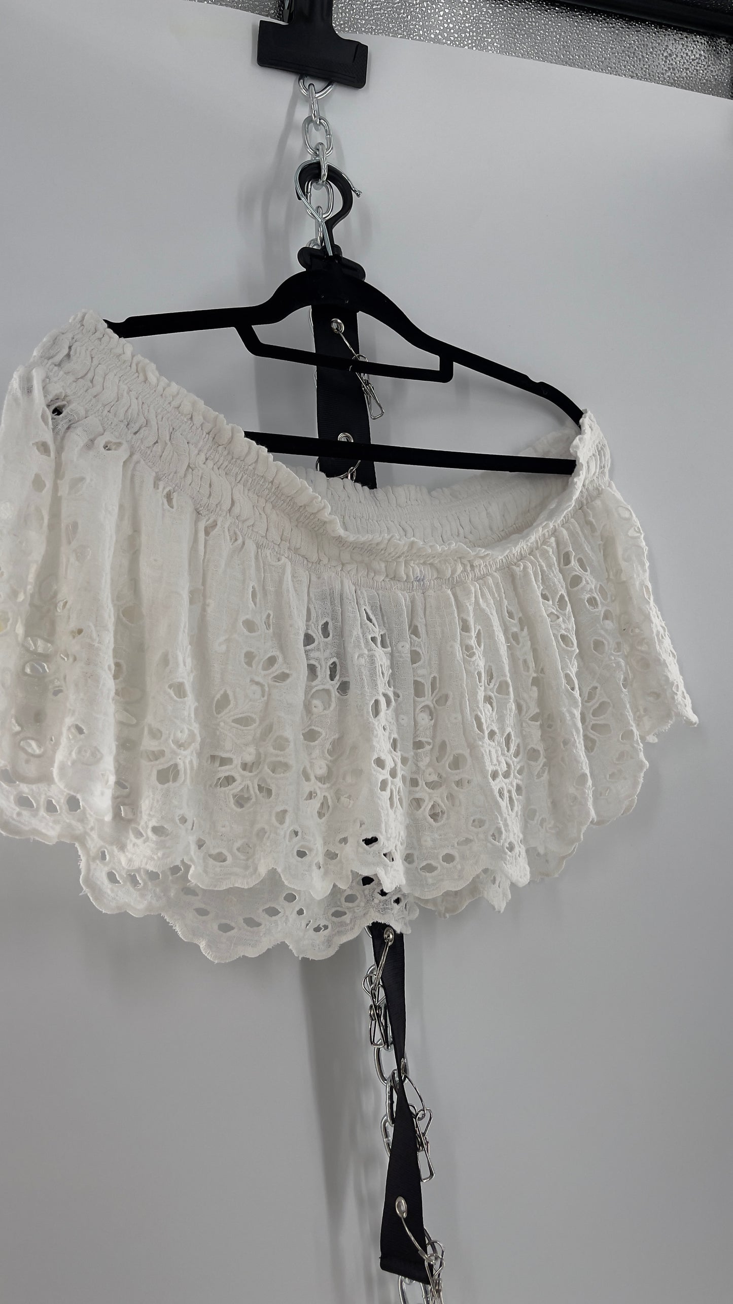 Free People Eyelet Cotton White Off the Shoulder Ruffle Bandeau (Medium)