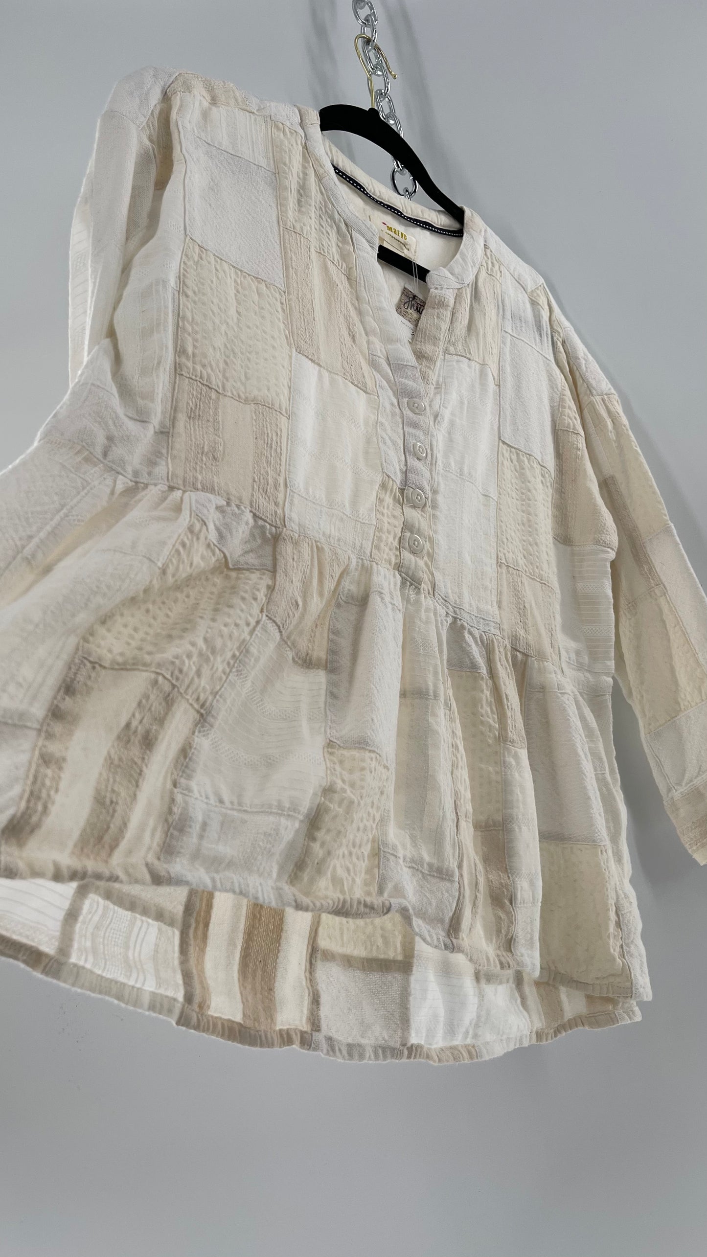 Maeve Anthropologie Beige Patchwork Long Sleeve Top (XS)