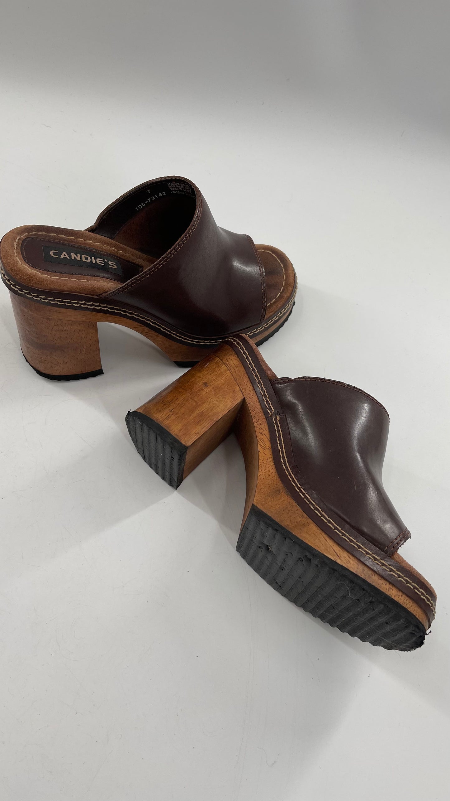 Vintage 1990s Candie’s Leather Mule Chunky Wood Platform Heels (7)