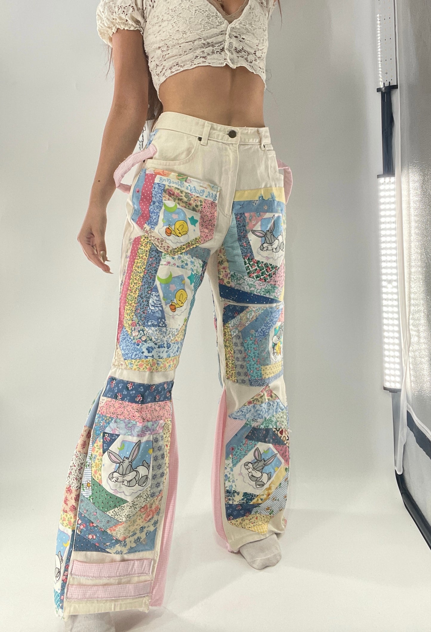 Custom - Handmade Reworked Looney Toons Cutie Pie Patchwork Flares