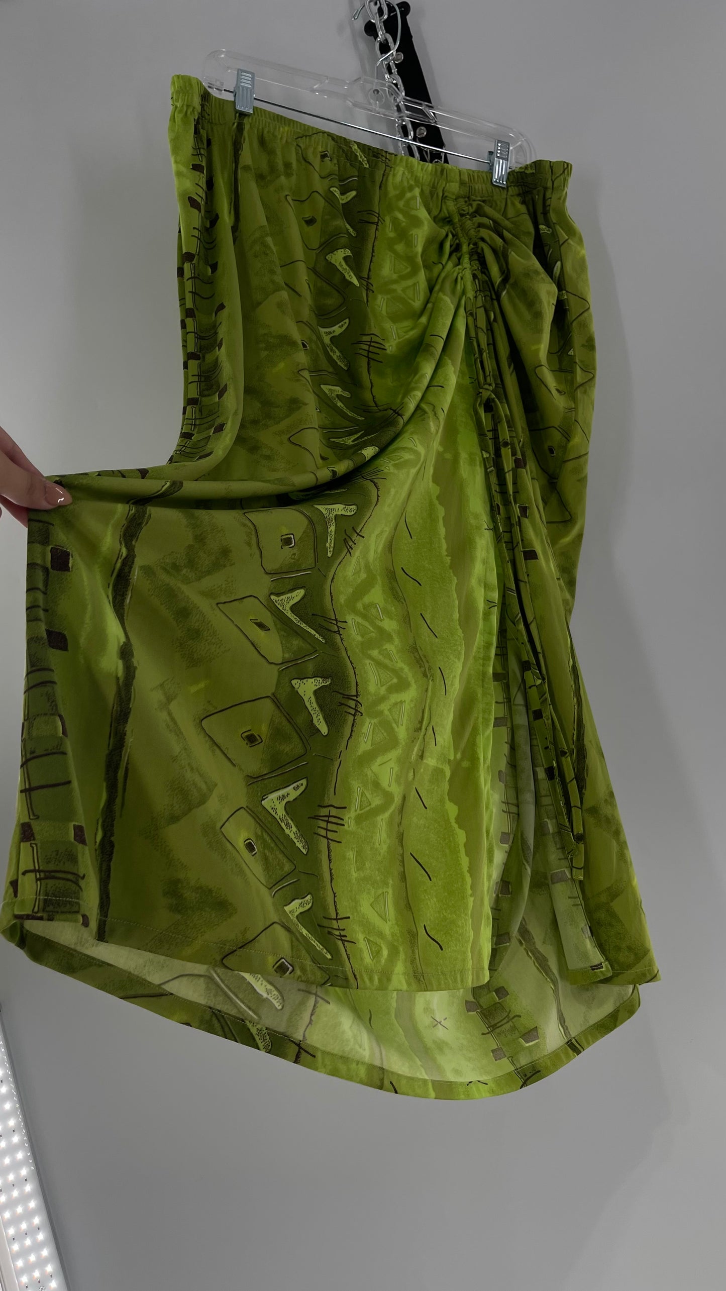 Vintage 90s Lime Green Patterned Ruche Side Slit Skirt (XXL)
