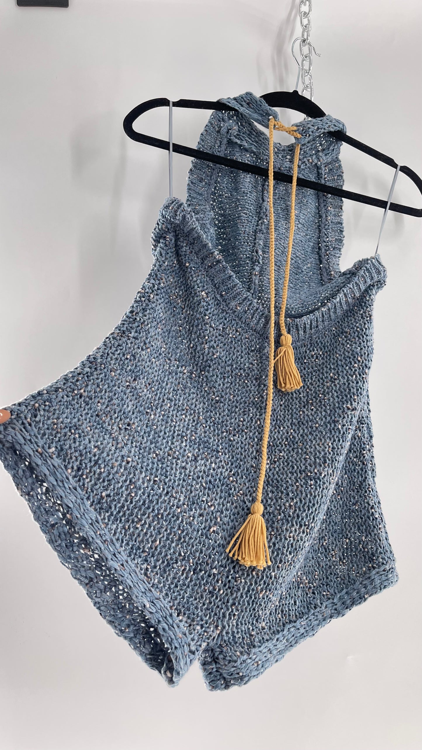 Free People Blue Crochet Knit Halter Romper (Medium)