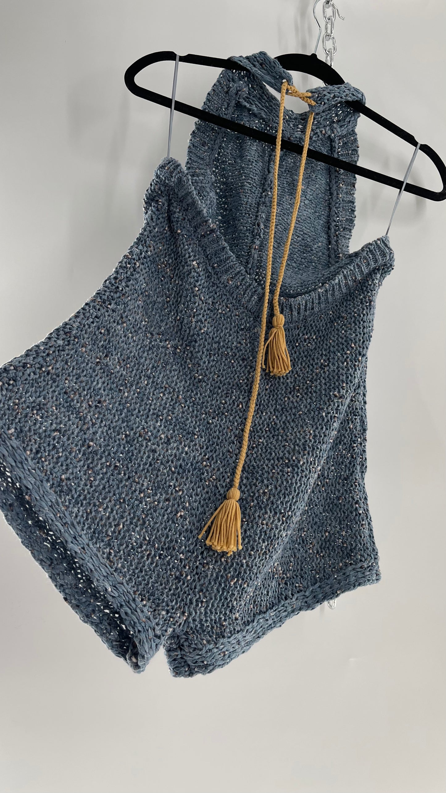 Free People Blue Crochet Knit Halter Romper (Medium)