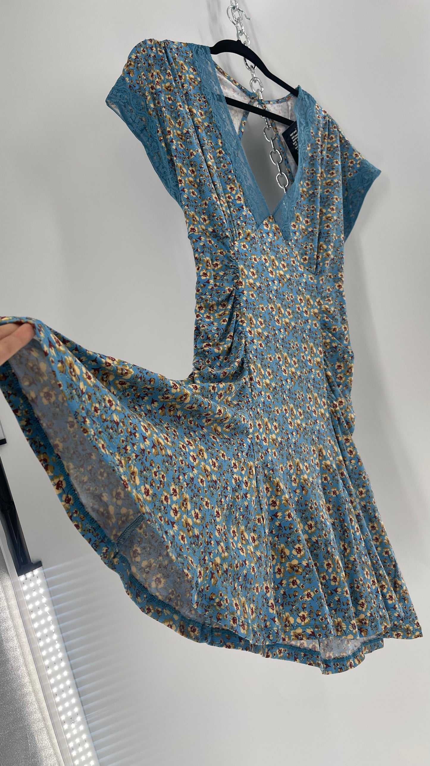 Free People Sweet Talker Blue Floral Ruched Mini Dress (Large)
