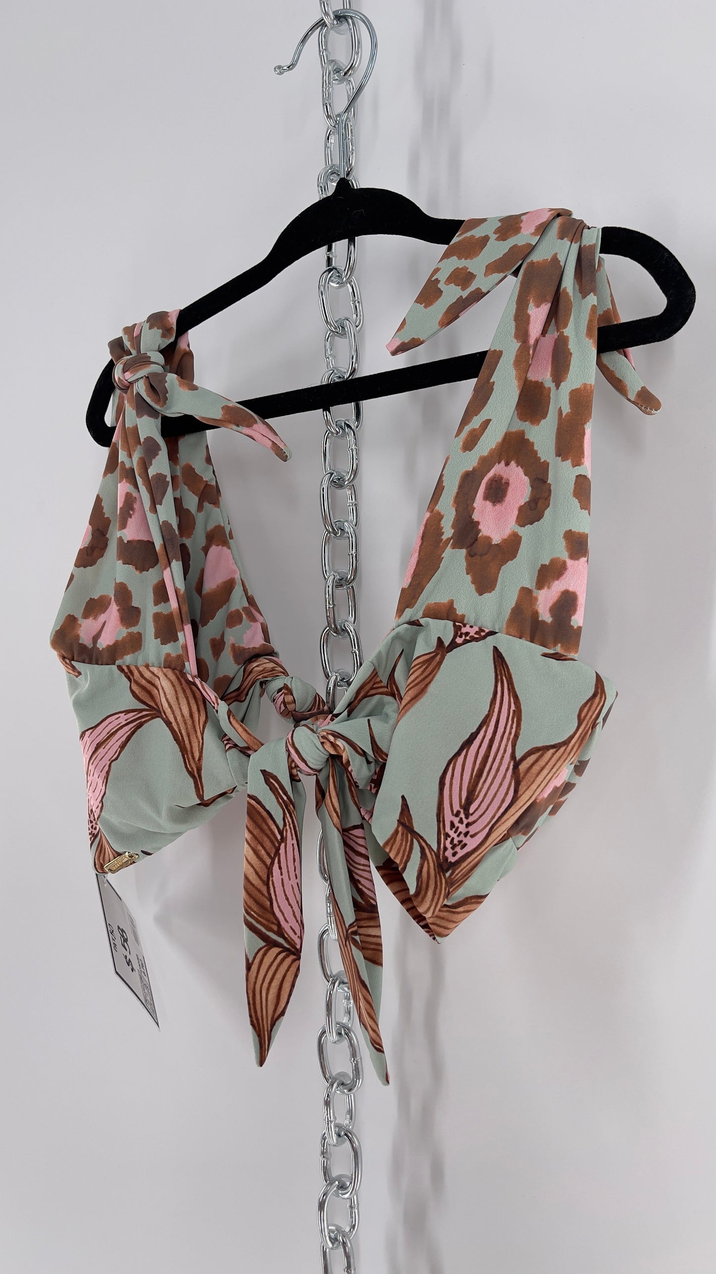 PatBo Light Blue Cheetah Brazilian Swim Top with Tie Bust and Shoulders (XS)