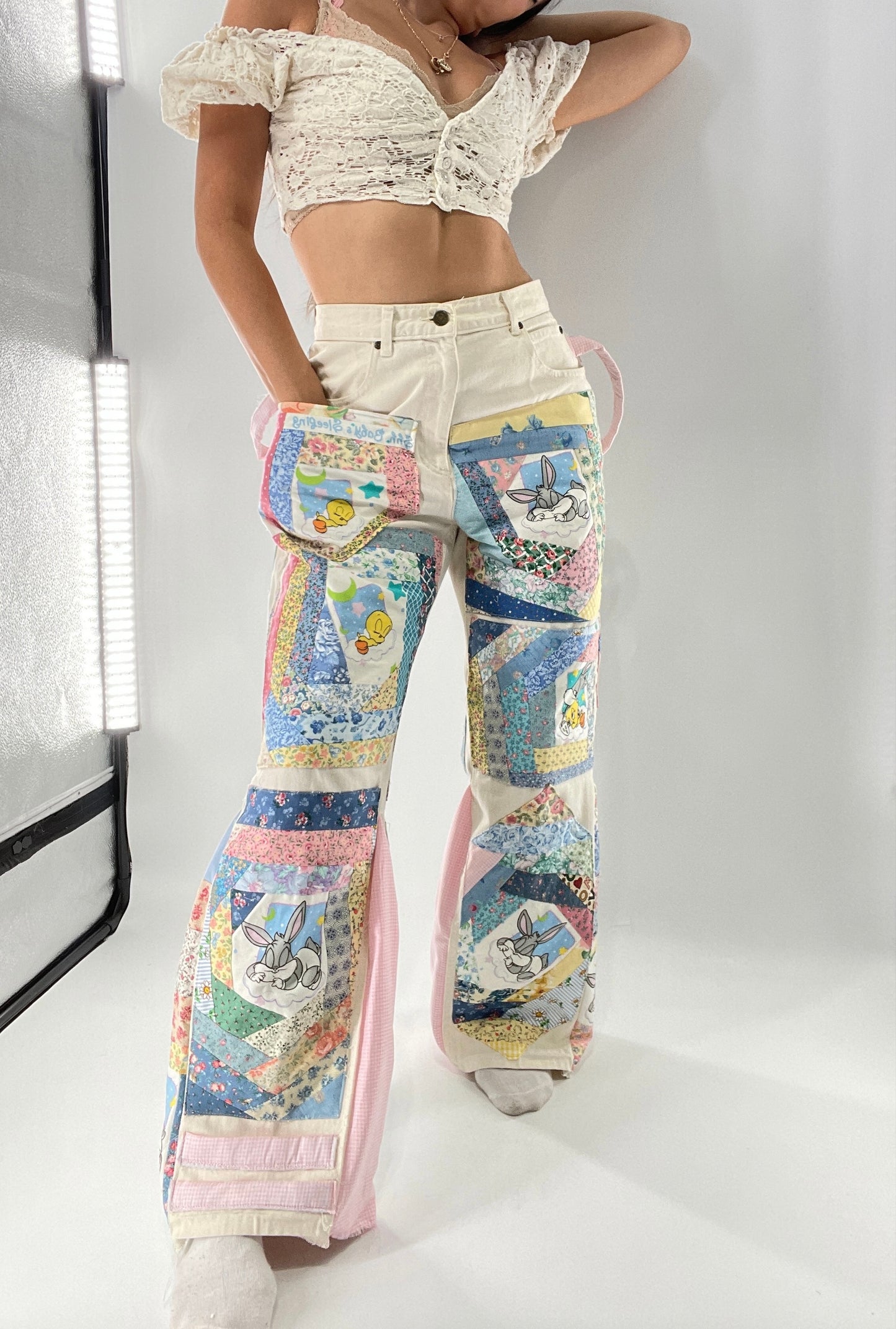 Custom - Handmade Reworked Looney Toons Cutie Pie Patchwork Flares