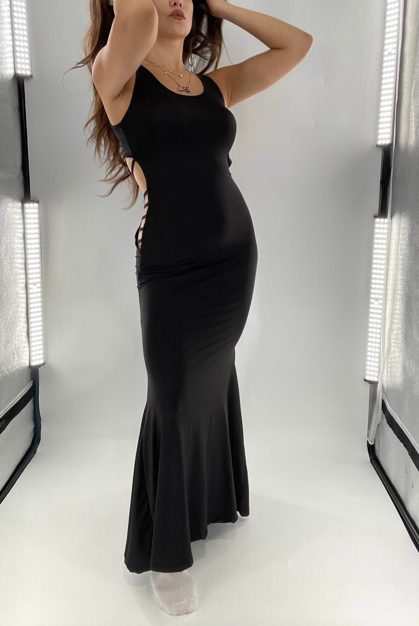 Vintage Black Slinky Maxi Dress with Open Back Strappy Side Detail (S)