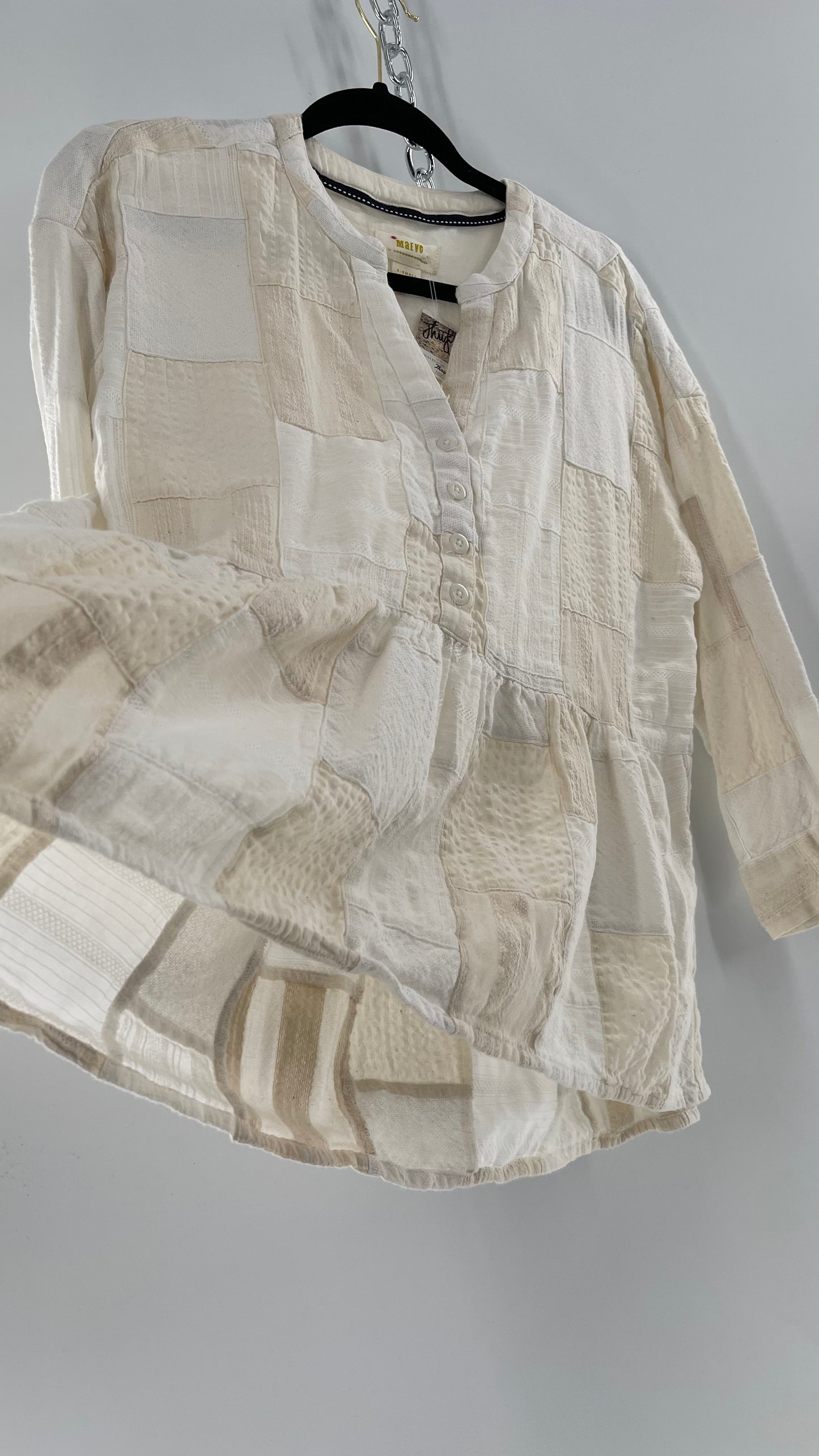 Maeve Anthropologie Beige Patchwork Long Sleeve Top (XS)