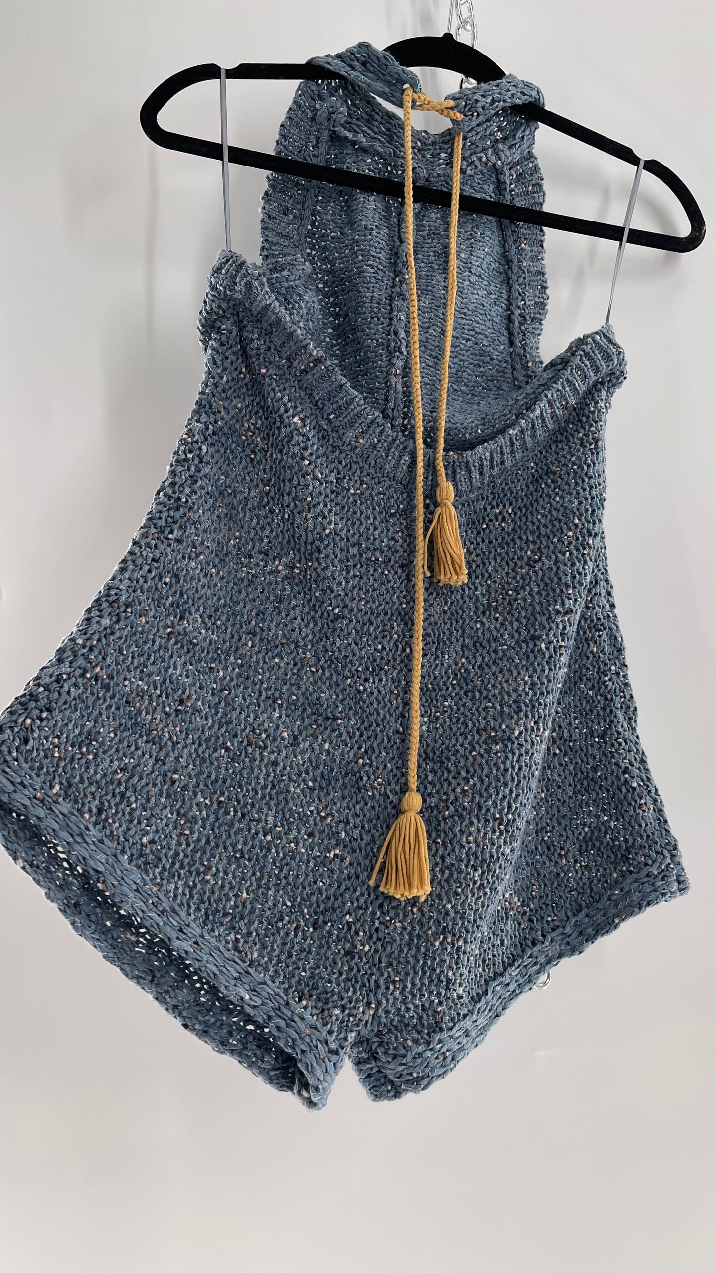 Free People Blue Crochet Knit Halter Romper (Medium)