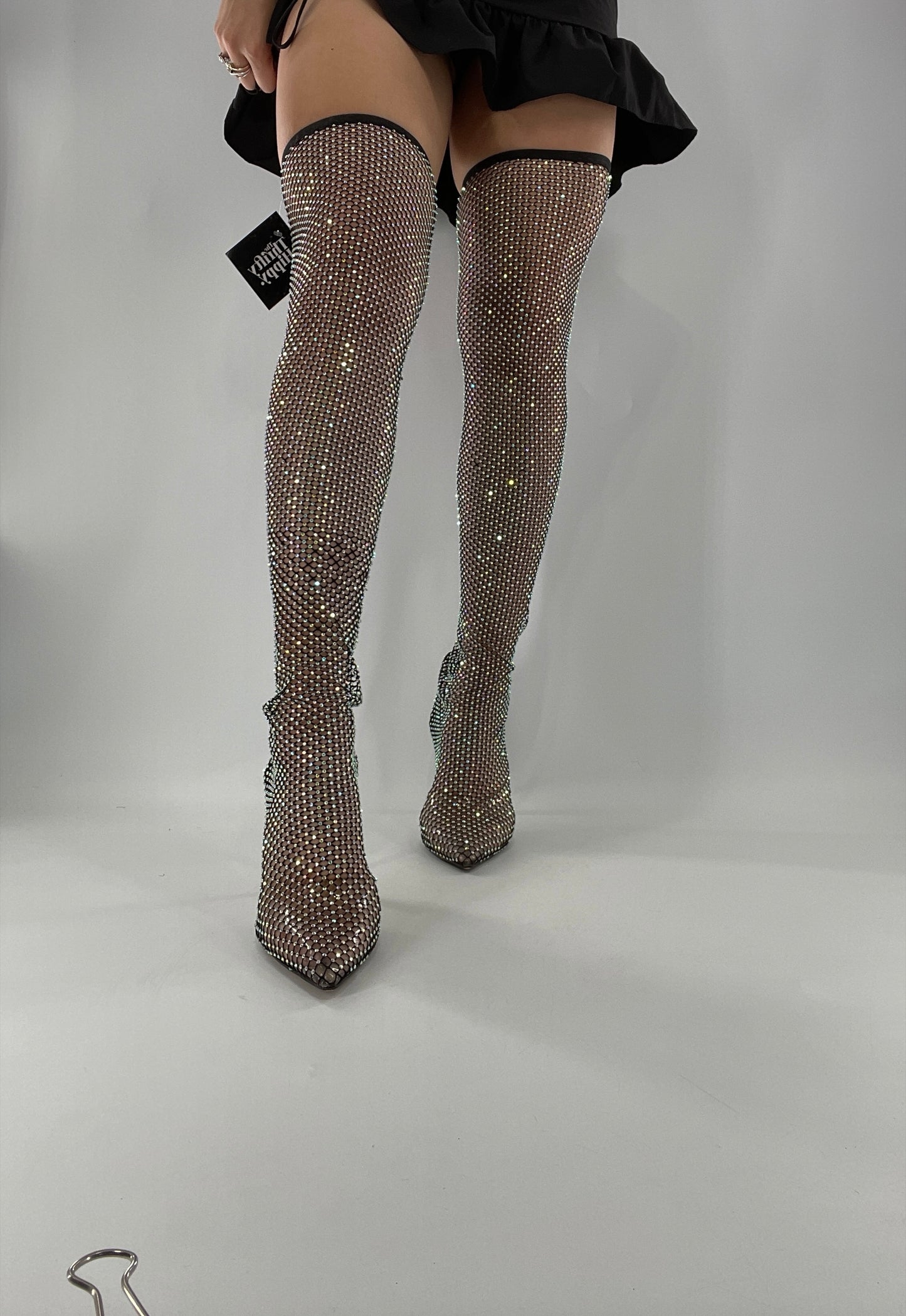 EGO Thigh High Black Rhinestone Fishnet Mesh Heels (9)