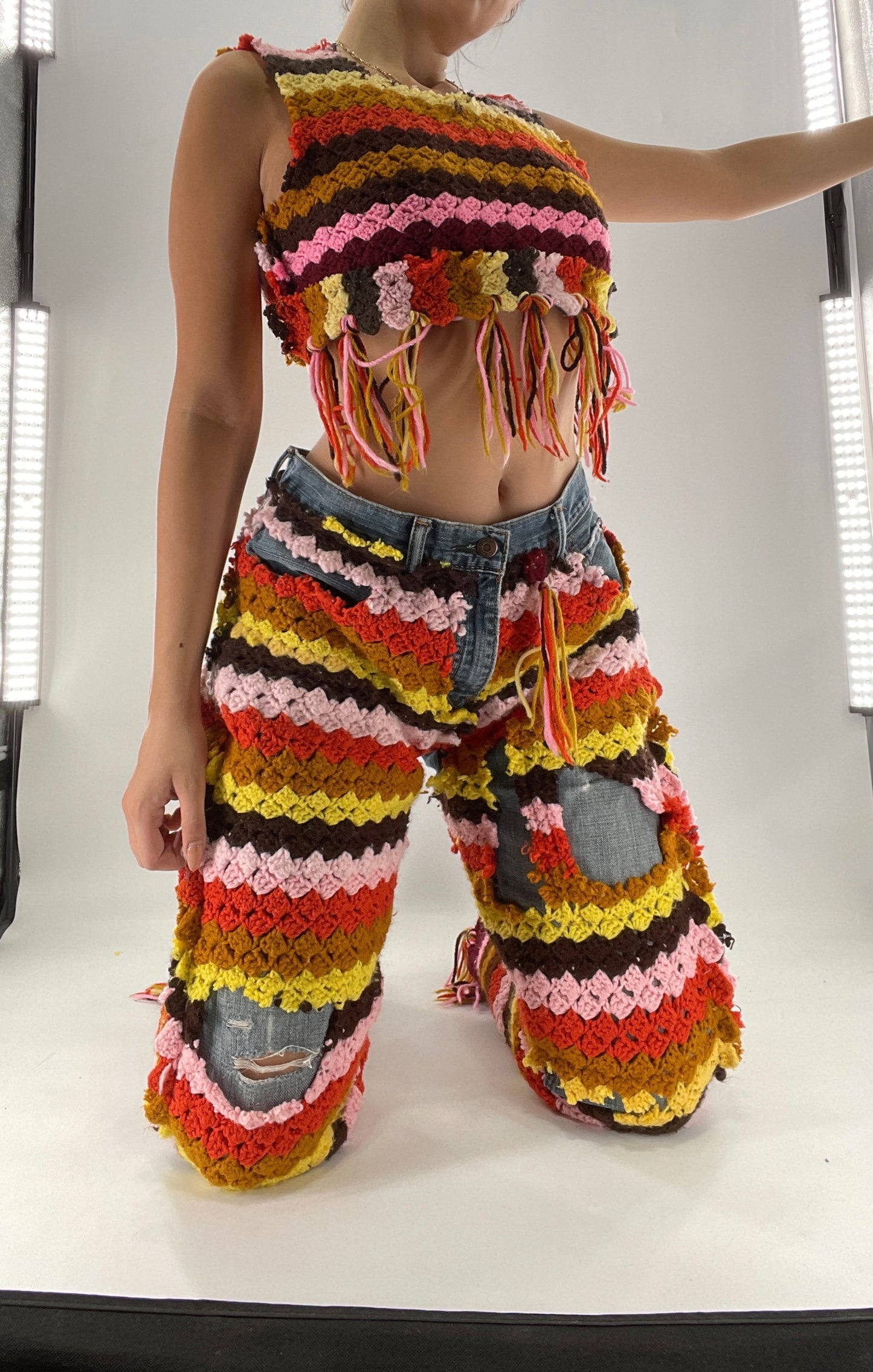 Custom Handmade RAGGEDY ANN Crochet Fringe Lined Crop (S/M)