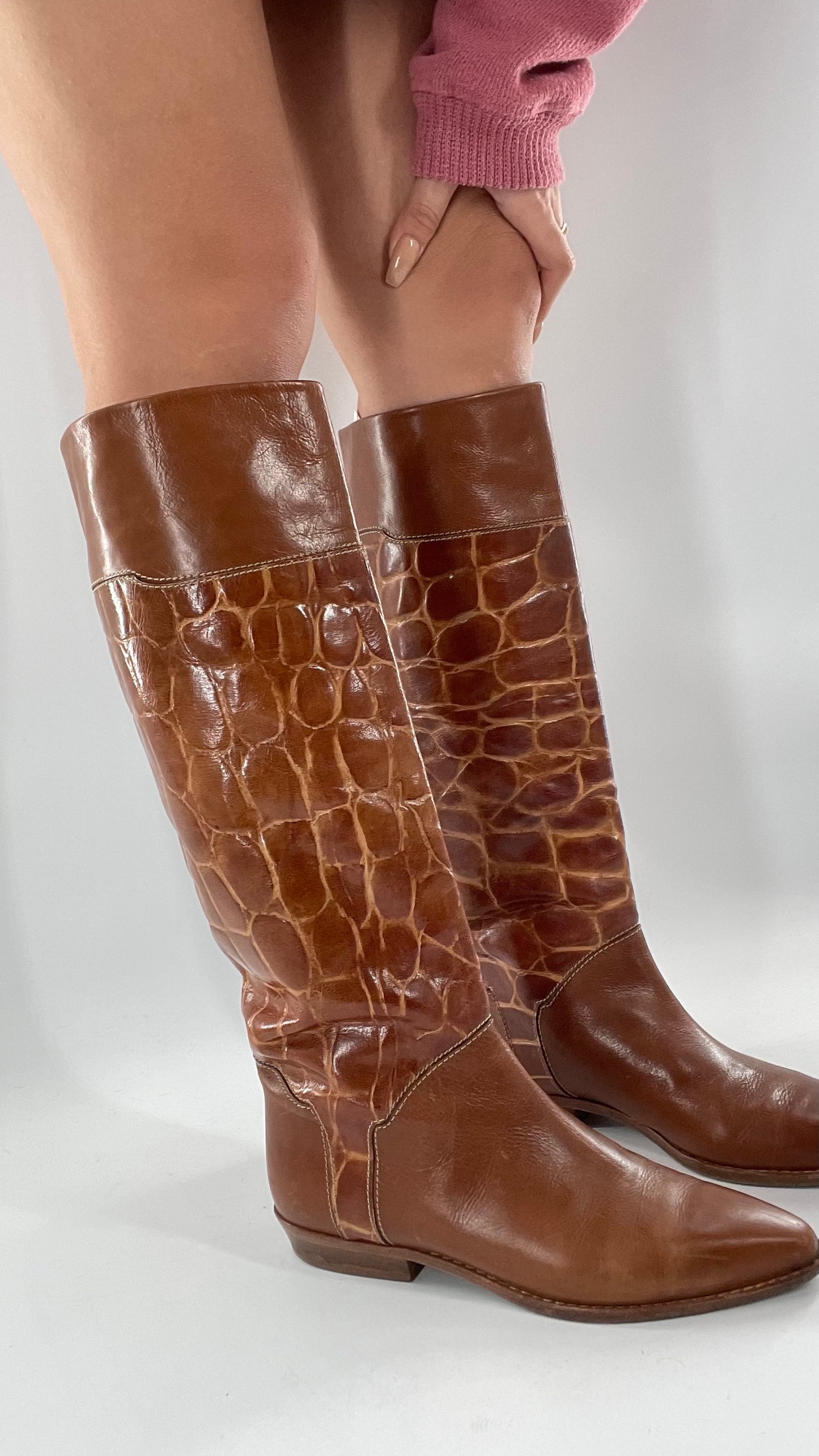 Joan & David Brown Leather Cowboy Snake Print Boots