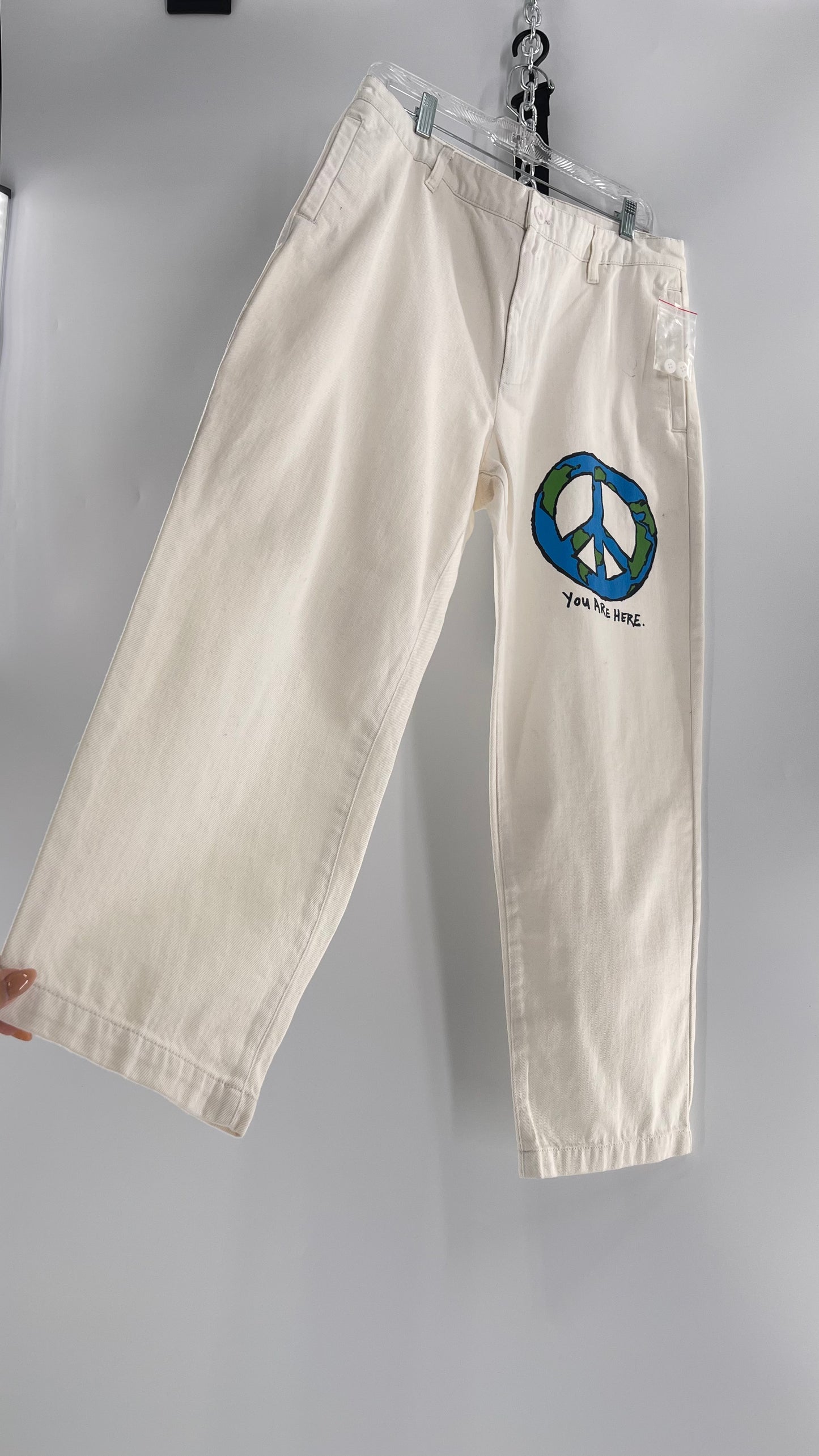 Urban Outfitters White Carpenter Pant with Globe Peace Sign Graphic (32)