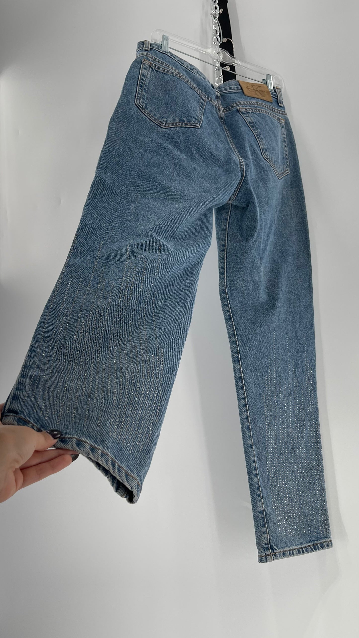 Vintage Calvin Klein Stone Washed Jeans with Silver Glitter Hem (29/30)