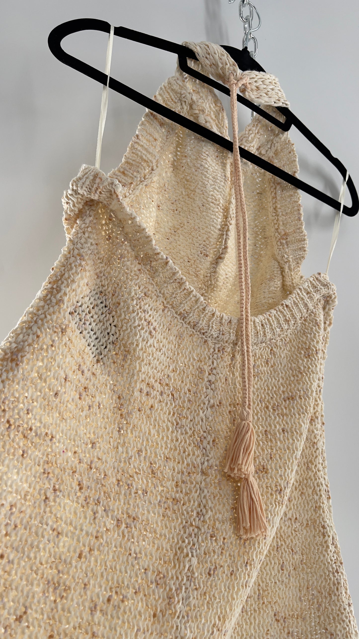 Free People Beige Peaches and Cream Crochet Knit Romper (XL)