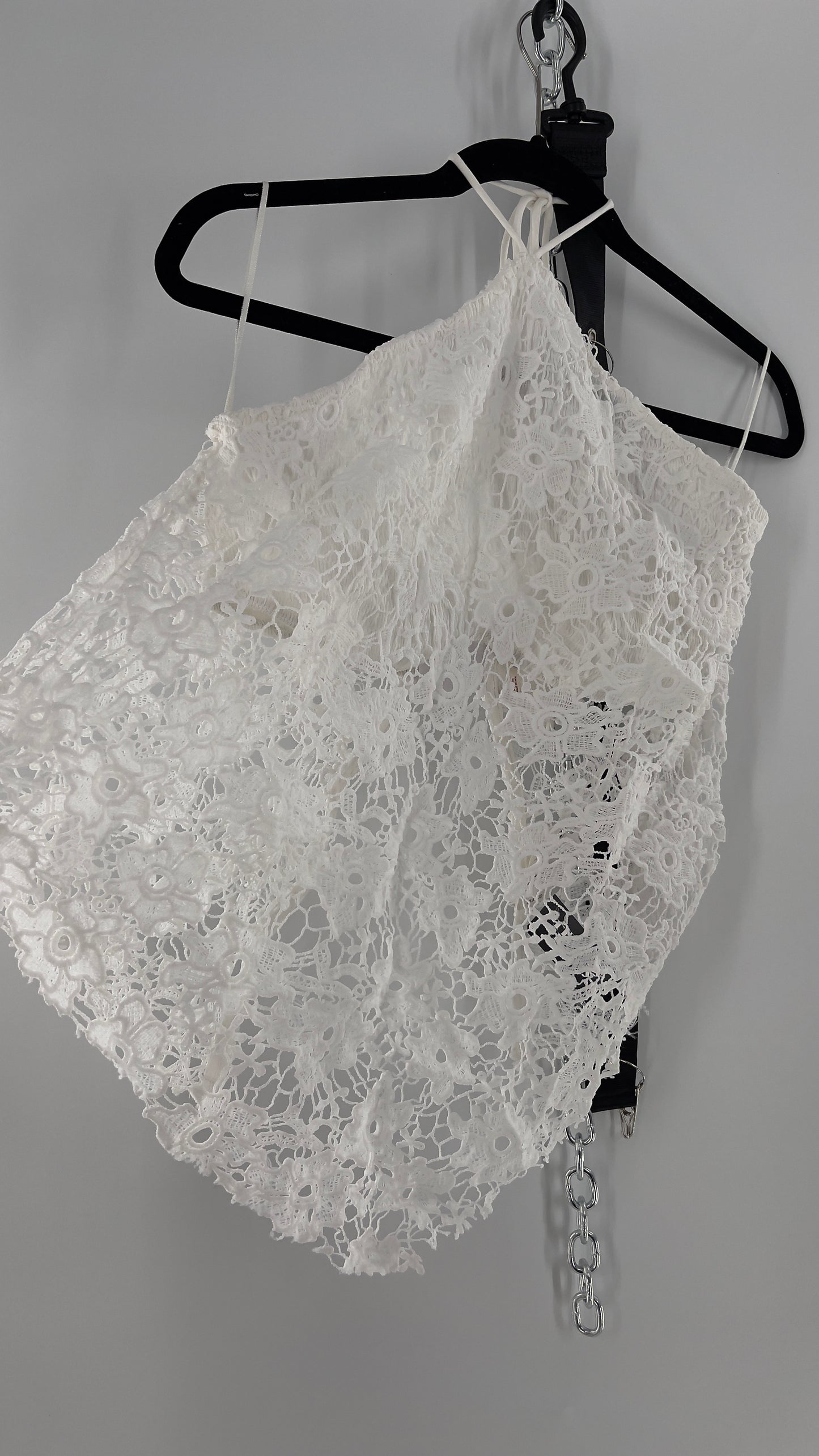 Free People White Smocked Halter with Lace Overlay (Large)