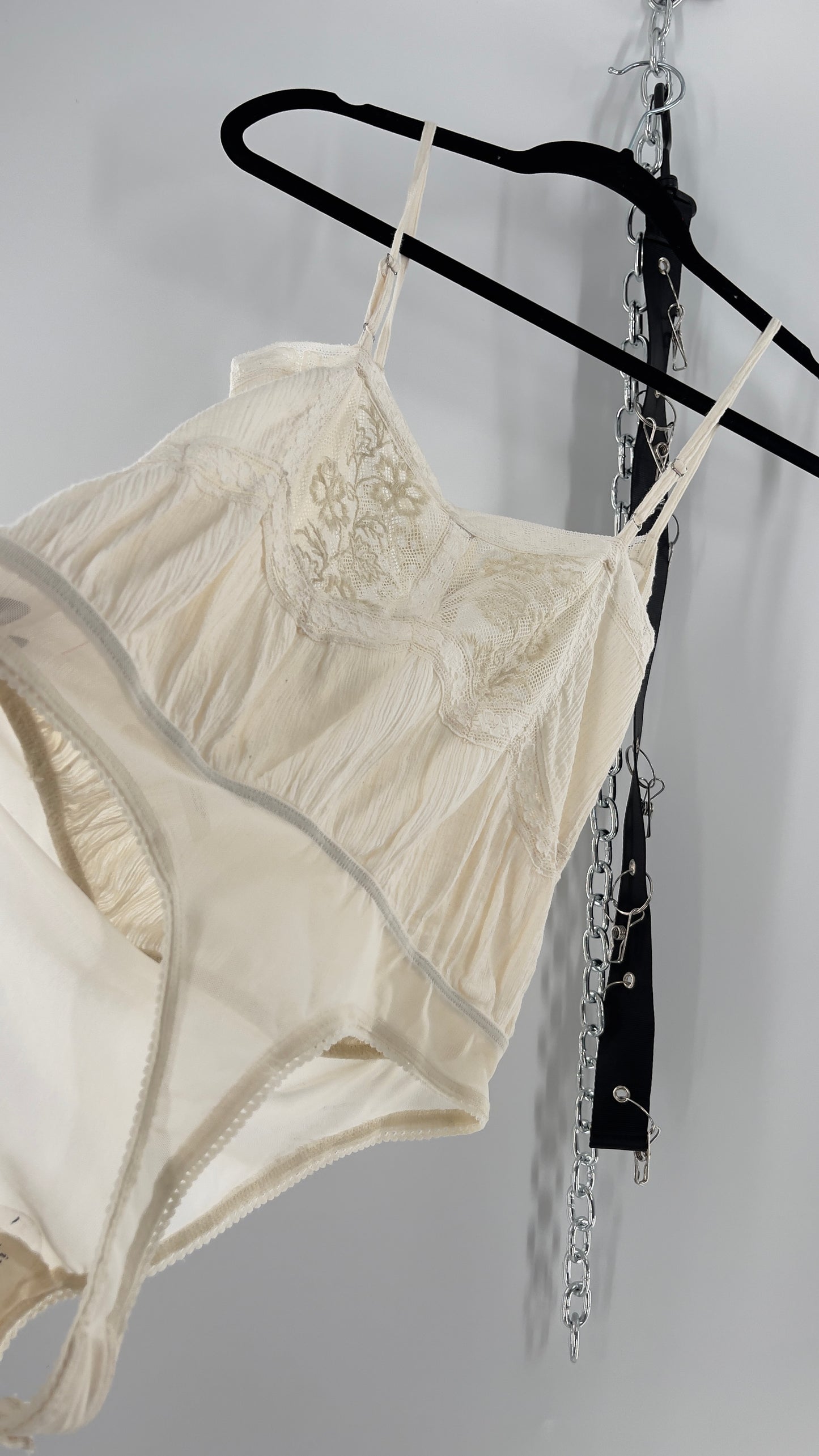 Free People Off White Cotton Bodysuit with Lace Buttoned Bust (Small)