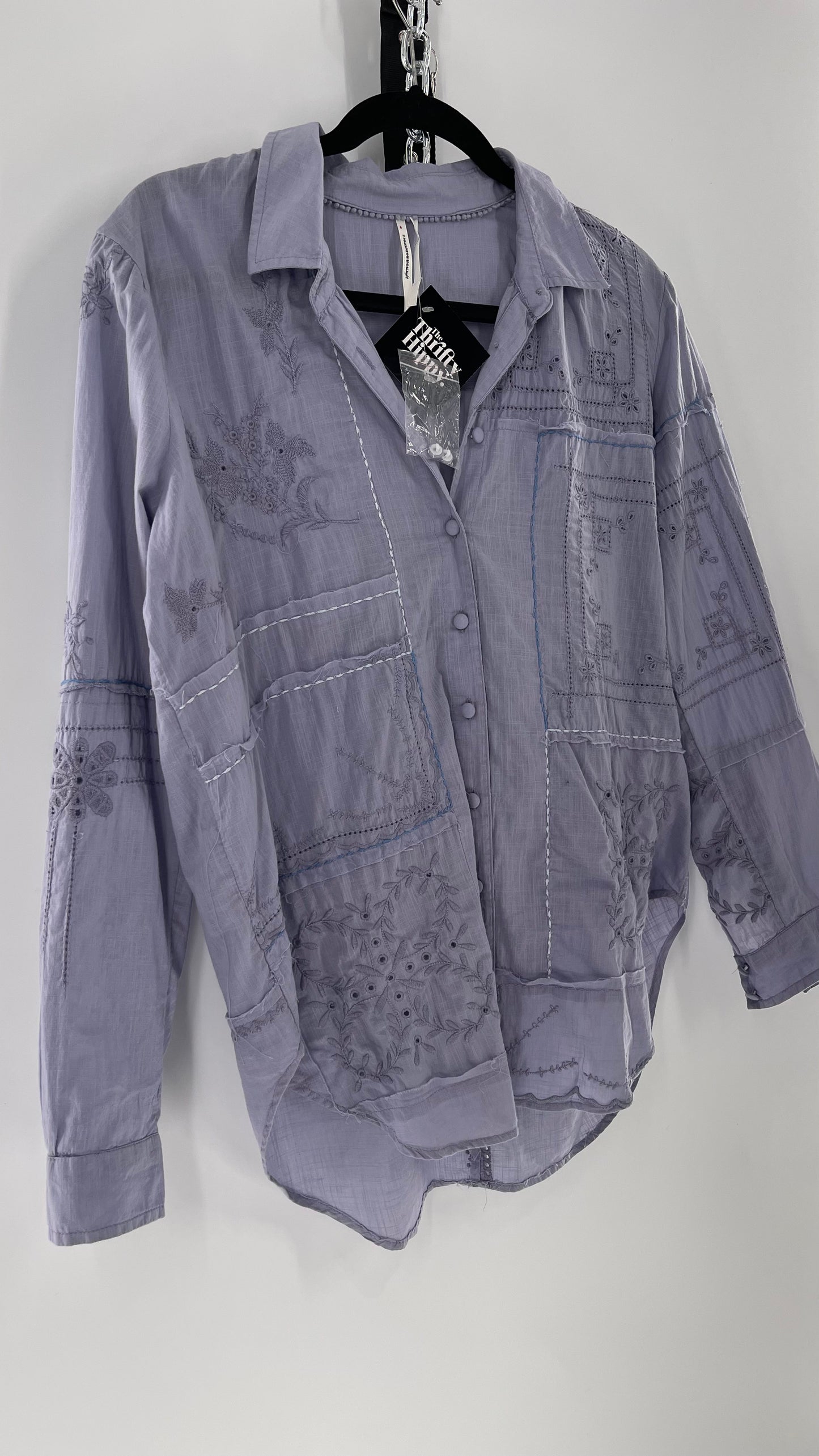 Anthropologie Powder Blue Patchwork Embroidered Long Sleeve (Small)
