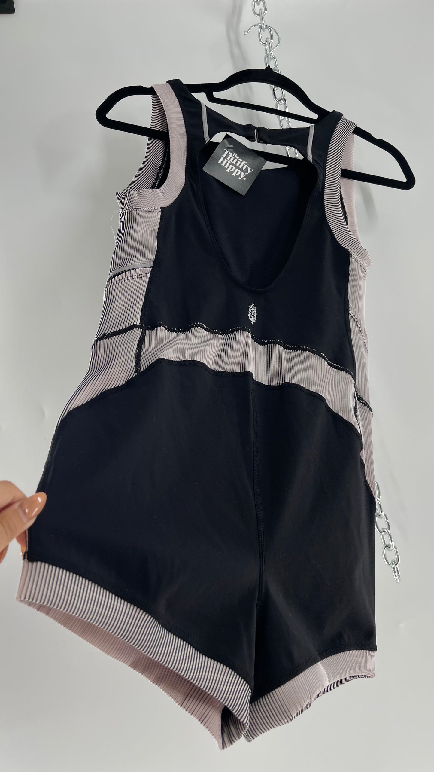 Free People Movement Black and White Open Back Romper (Medium)
