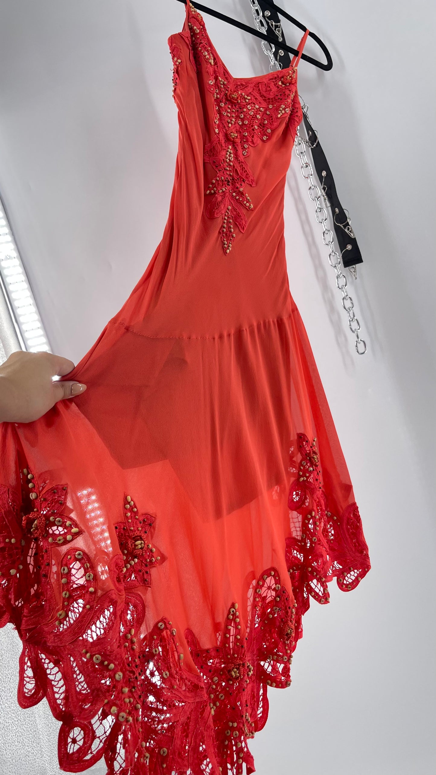 1990s Vintage Cache Coral Appliqué Tropical Beaded Slip (2)