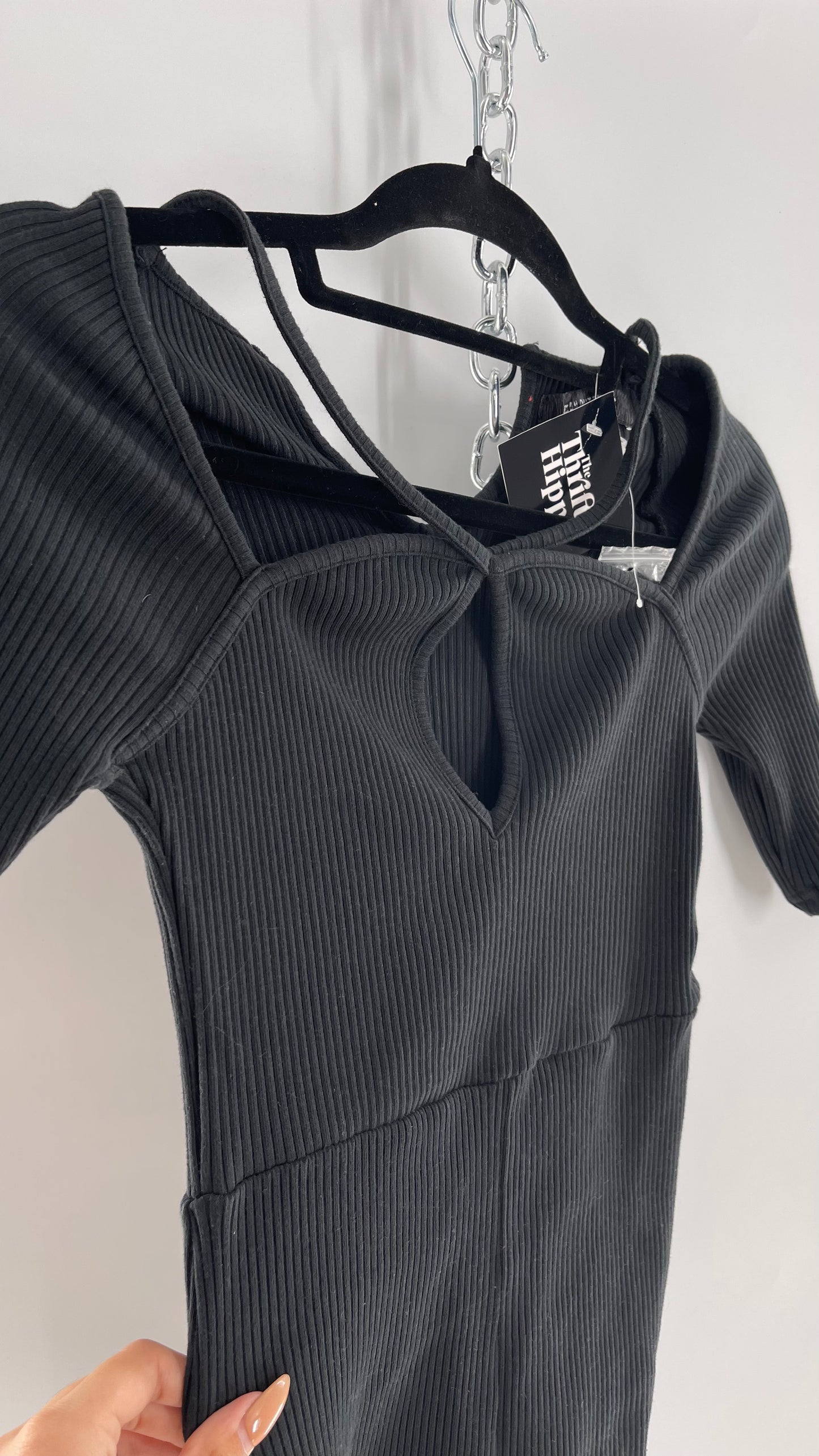 Urban Outfitters Black Ribbed Jumpsuit with Detailed Neckline (Small)