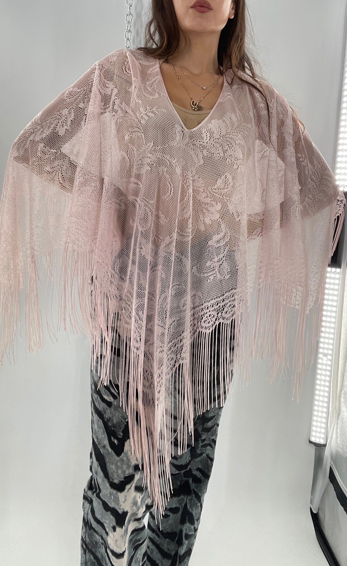 Vintage Pink Fringe Poncho (One Size)