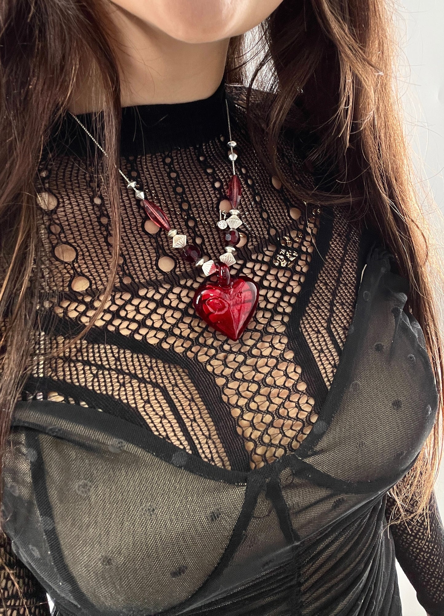 Vintage Glass Hearts Red Choker