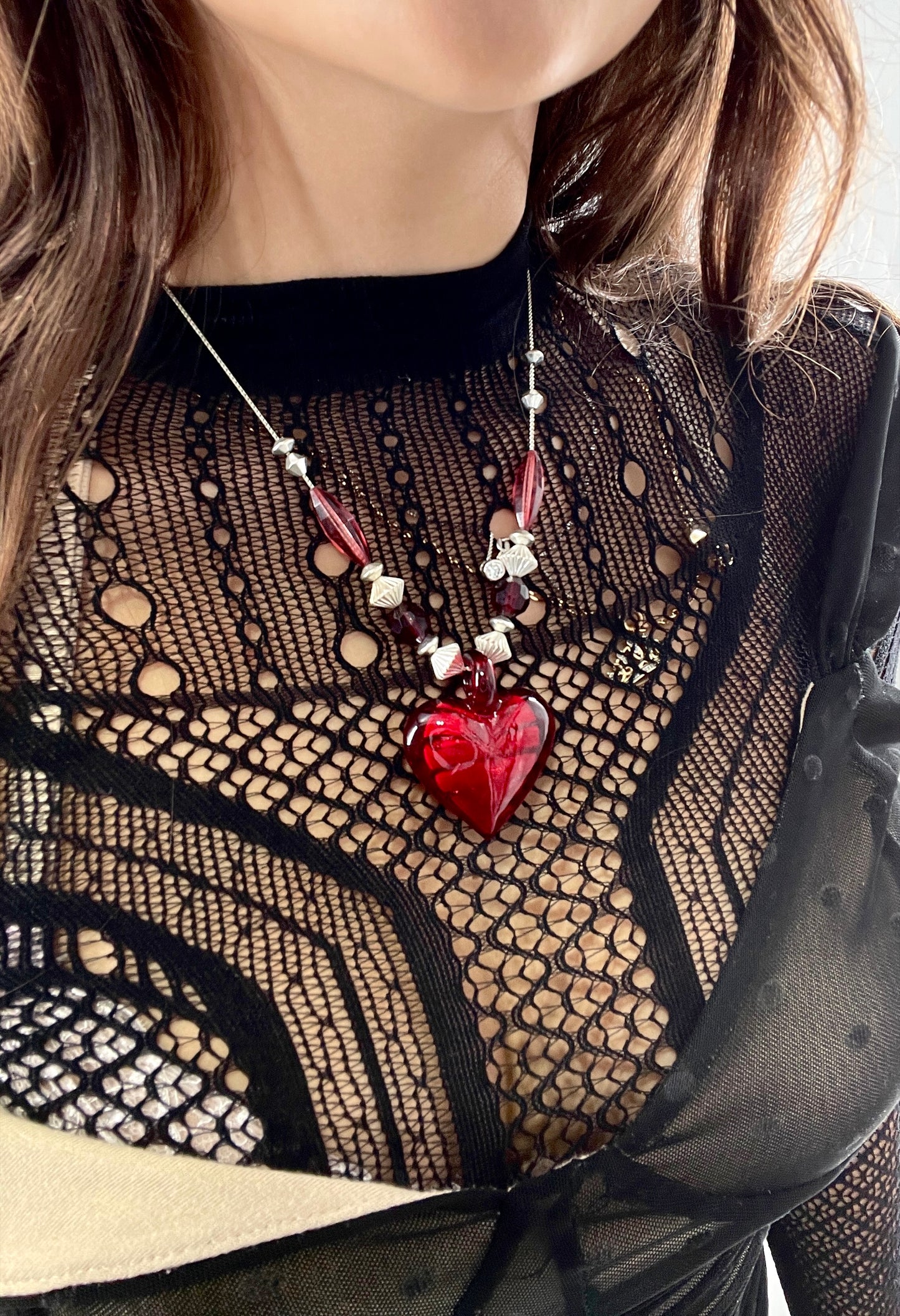 Vintage Glass Hearts Red Choker