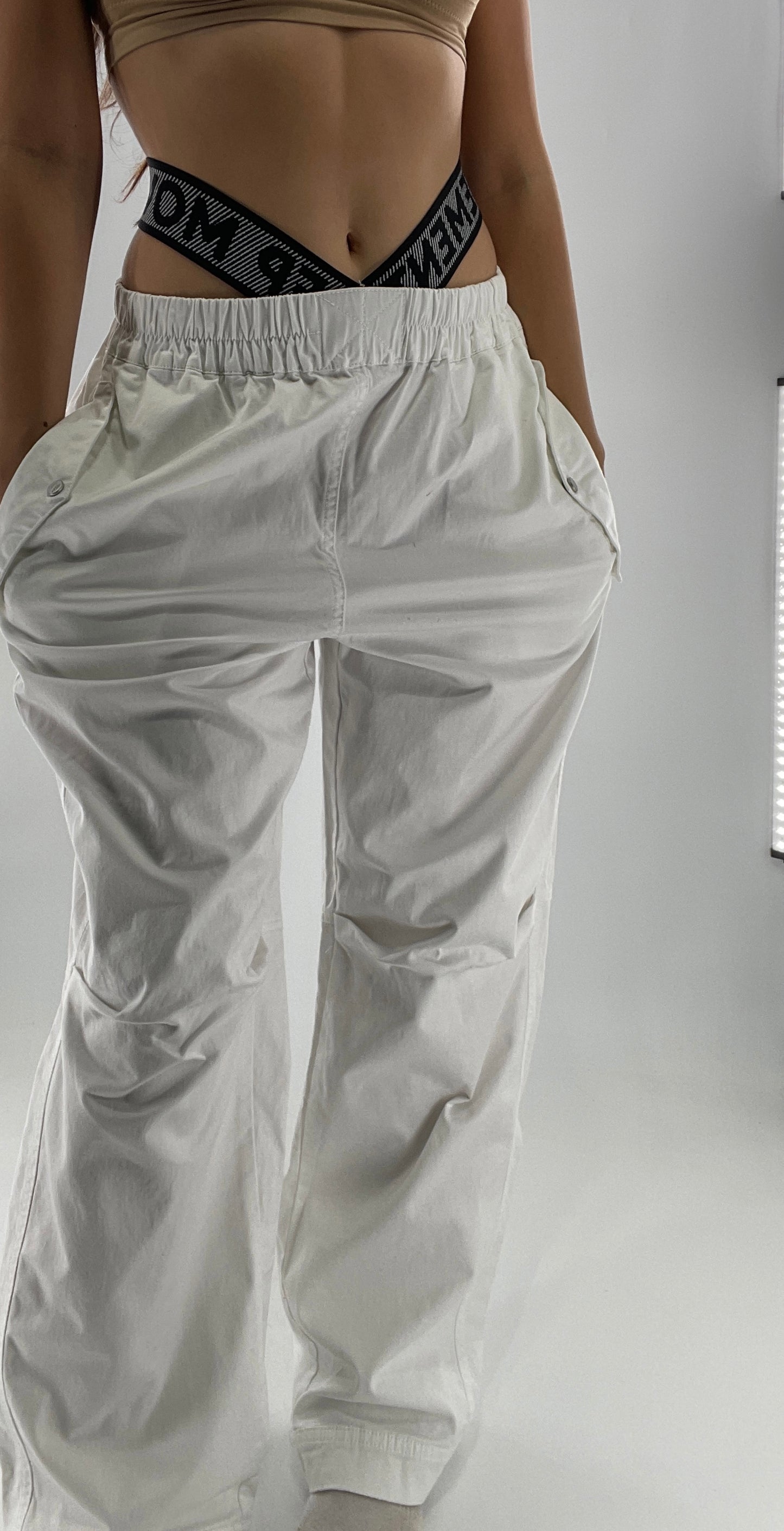 Free People Movement White Carpenter Pant with Branded Double Waistband (Small)