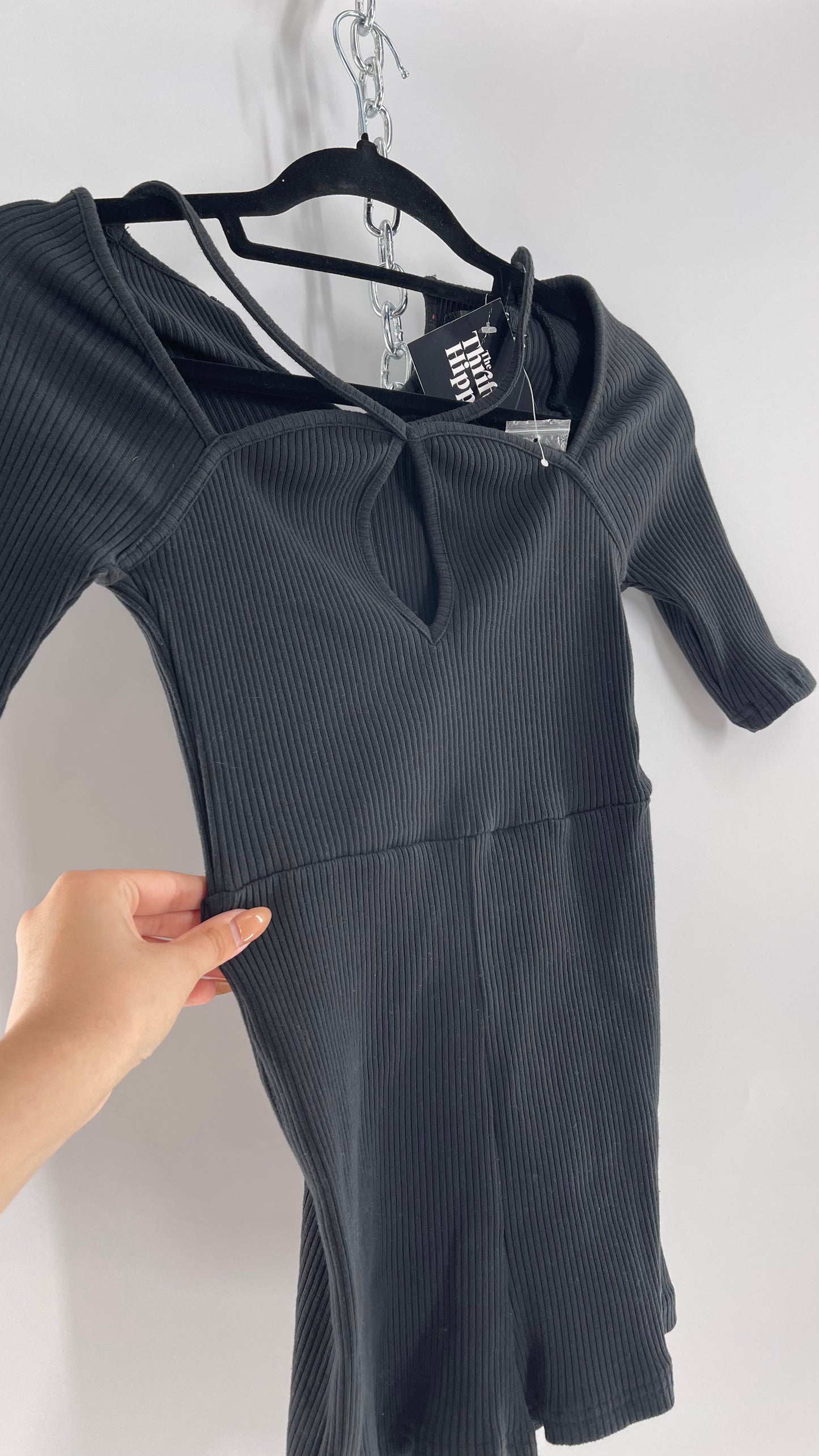 Urban Outfitters Black Ribbed Jumpsuit with Detailed Neckline (Small)
