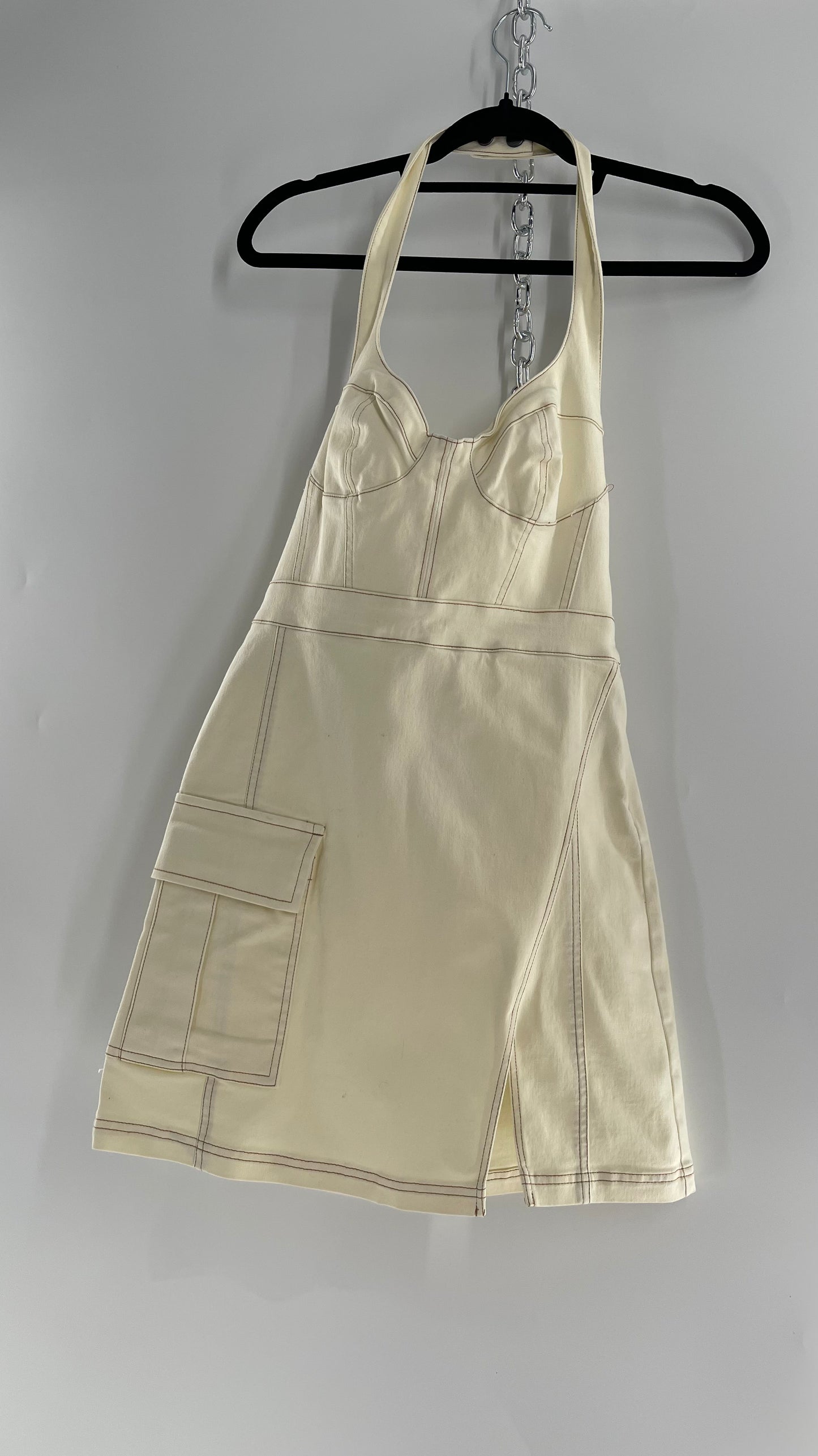 Urban Outfitters Beige Denim Halter Mini Dress (Medium)