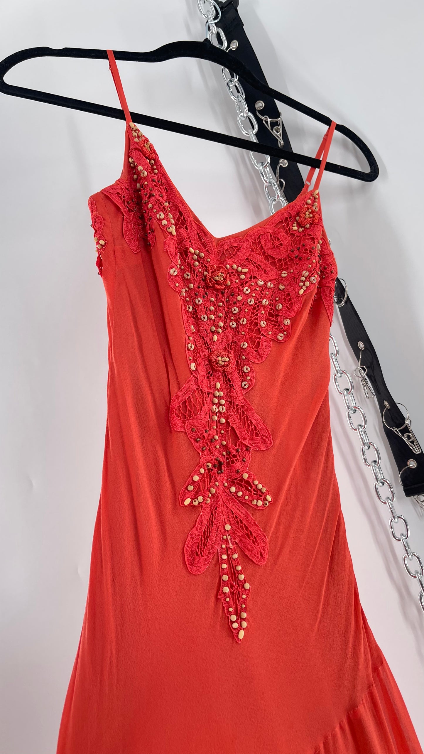 1990s Vintage Cache Coral Appliqué Tropical Beaded Slip (2)