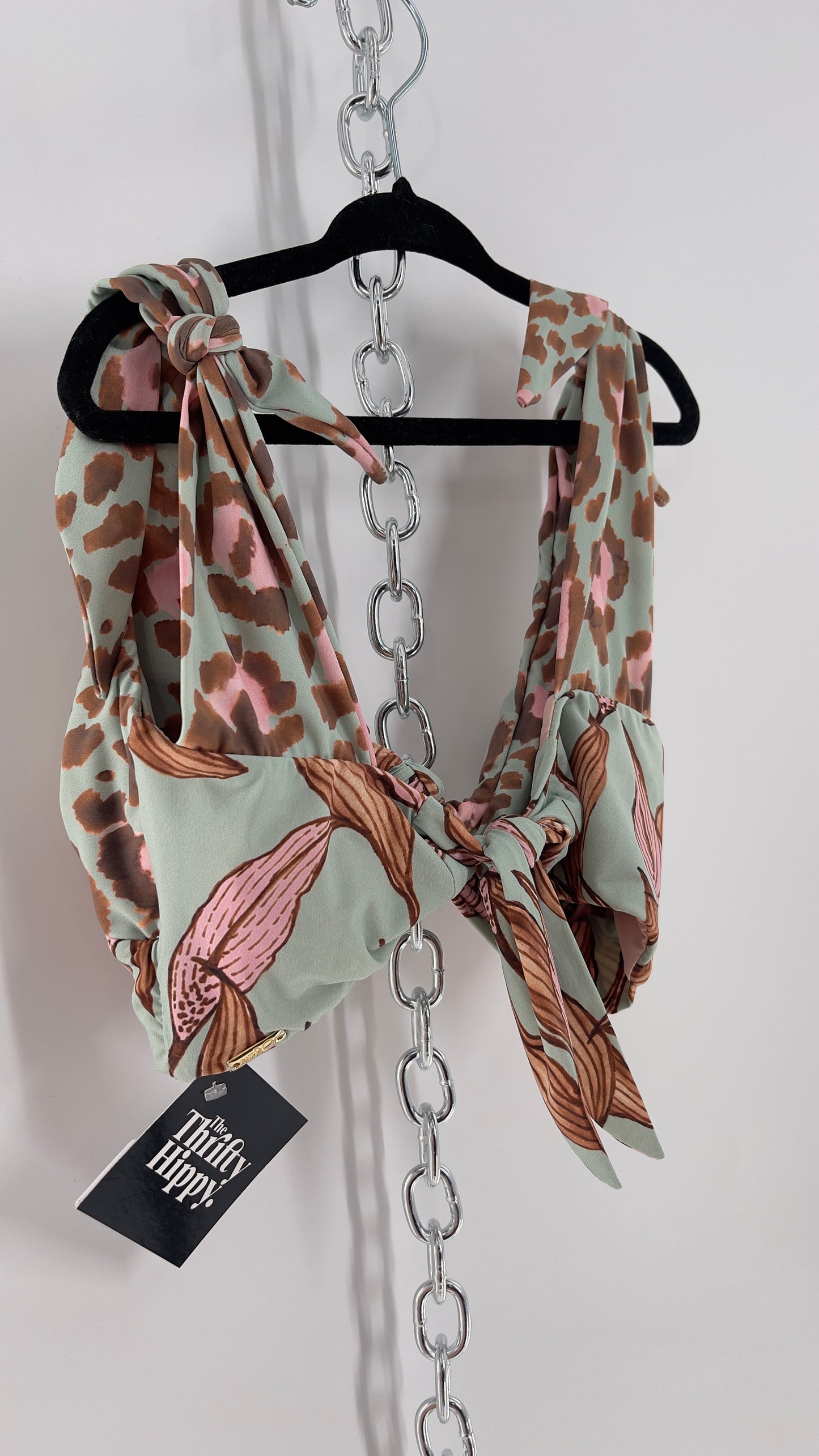 PatBo Light Blue Cheetah Brazilian Swim Top with Tie Bust and Shoulders (XS)