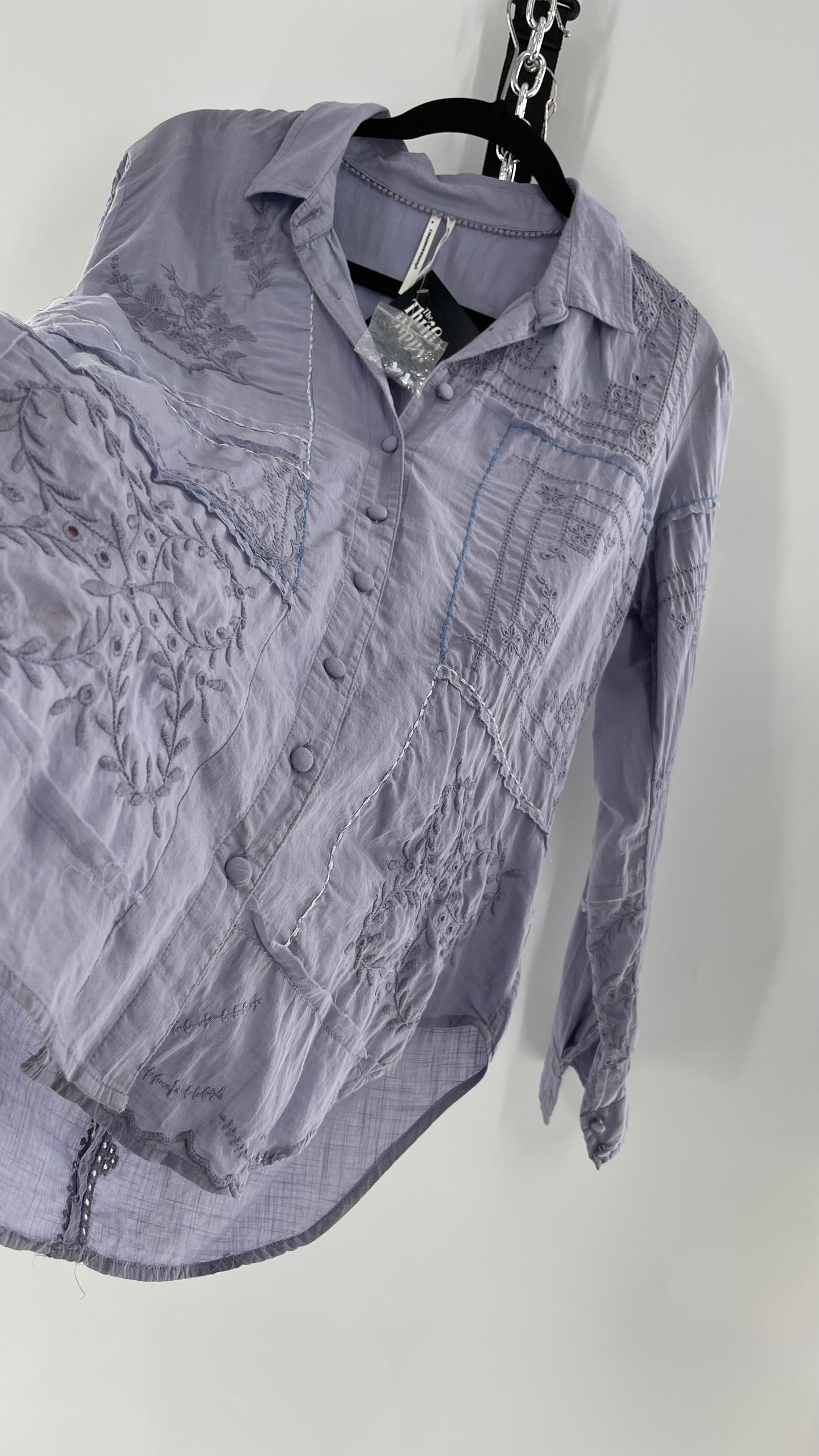 Anthropologie Powder Blue Patchwork Embroidered Long Sleeve (Small)