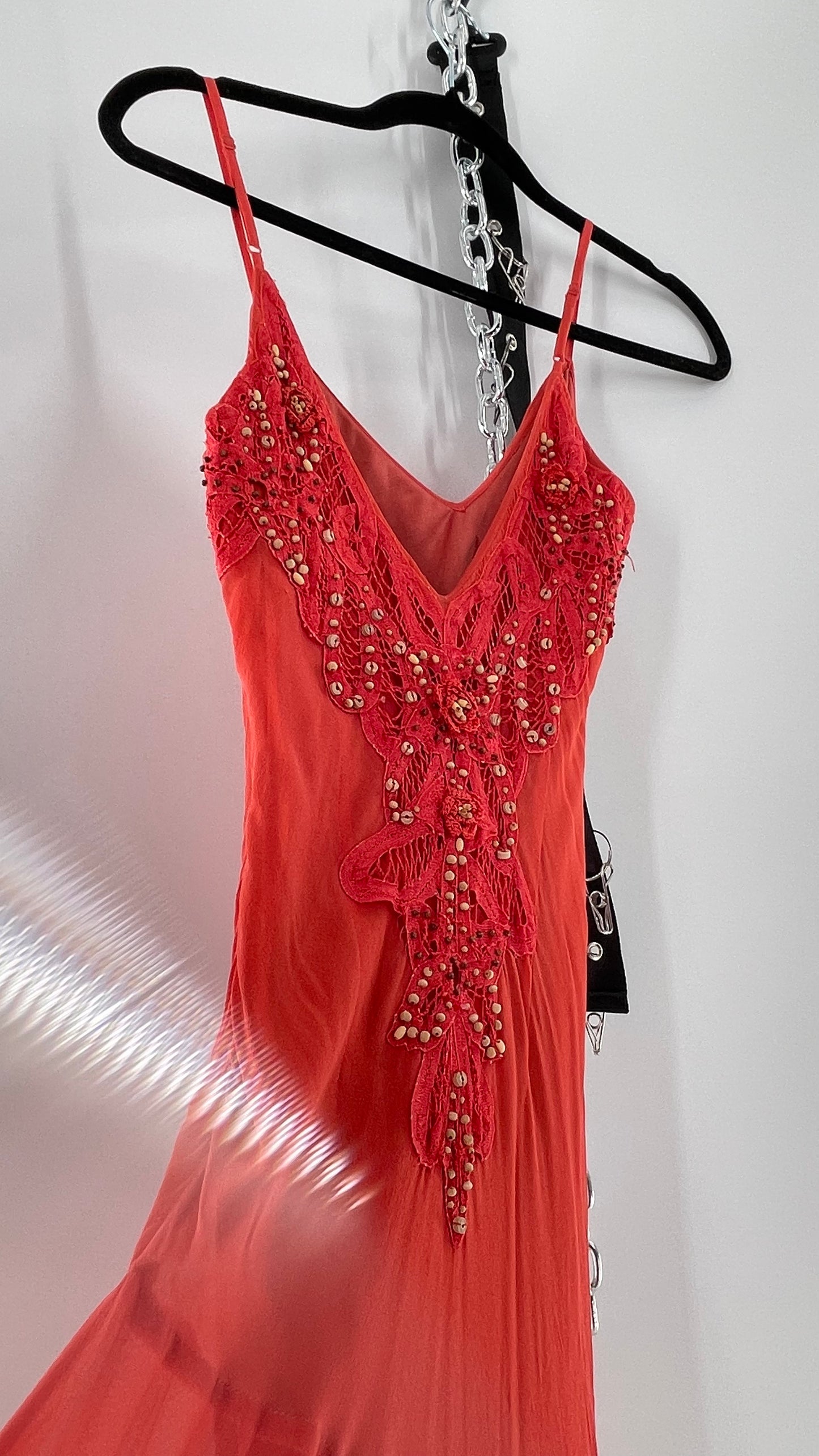 1990s Vintage Cache Coral Appliqué Tropical Beaded Slip (2)