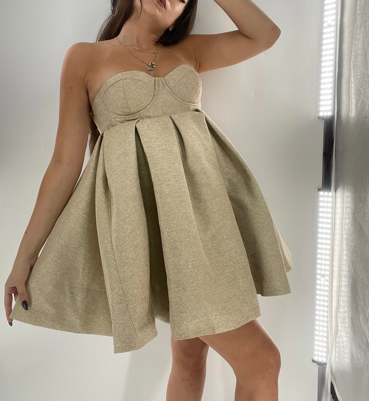 House of CB Gold Glitter Poof Mini Dress with Built in Corset (Small)