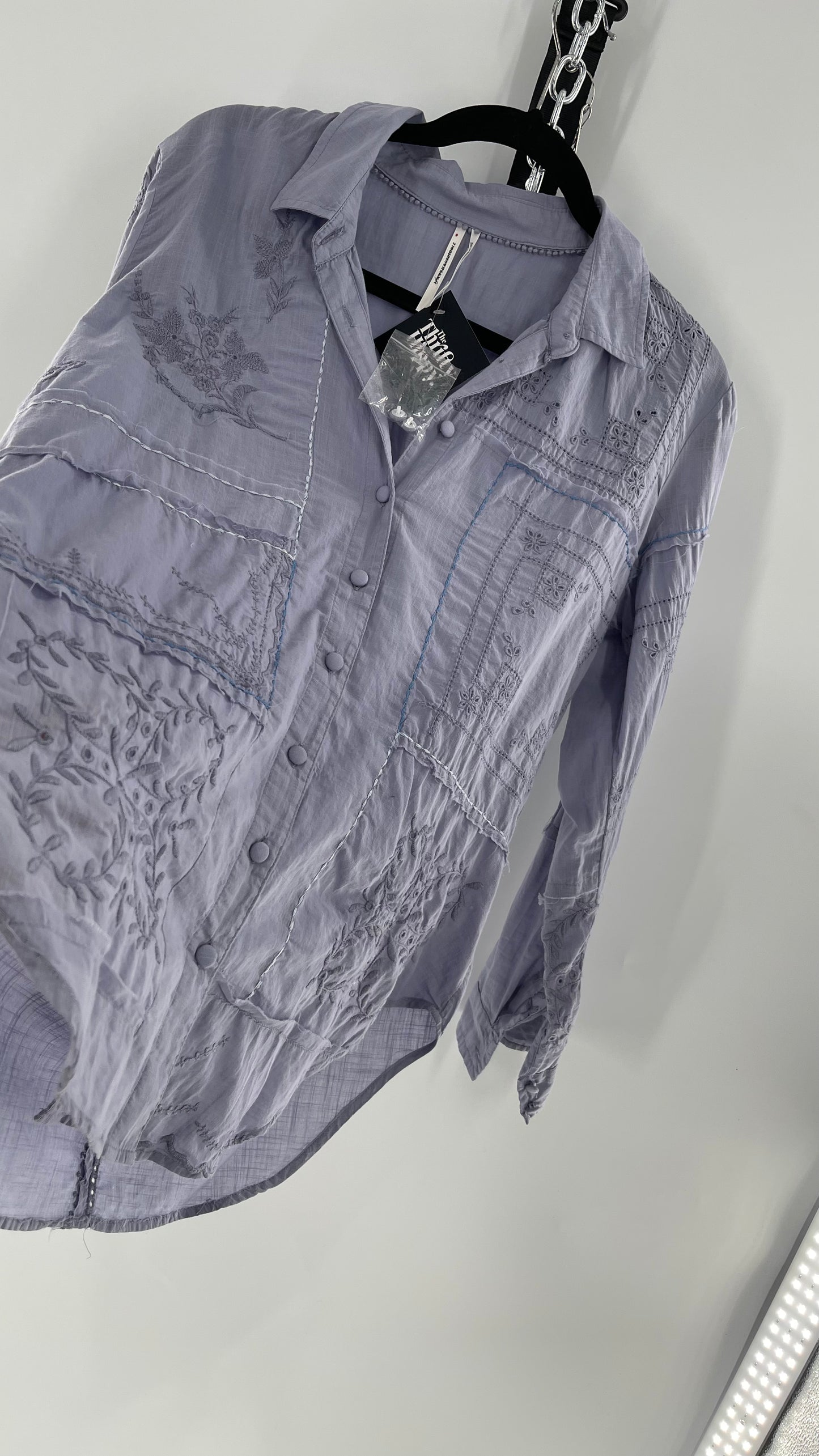 Anthropologie Powder Blue Patchwork Embroidered Long Sleeve (Small)