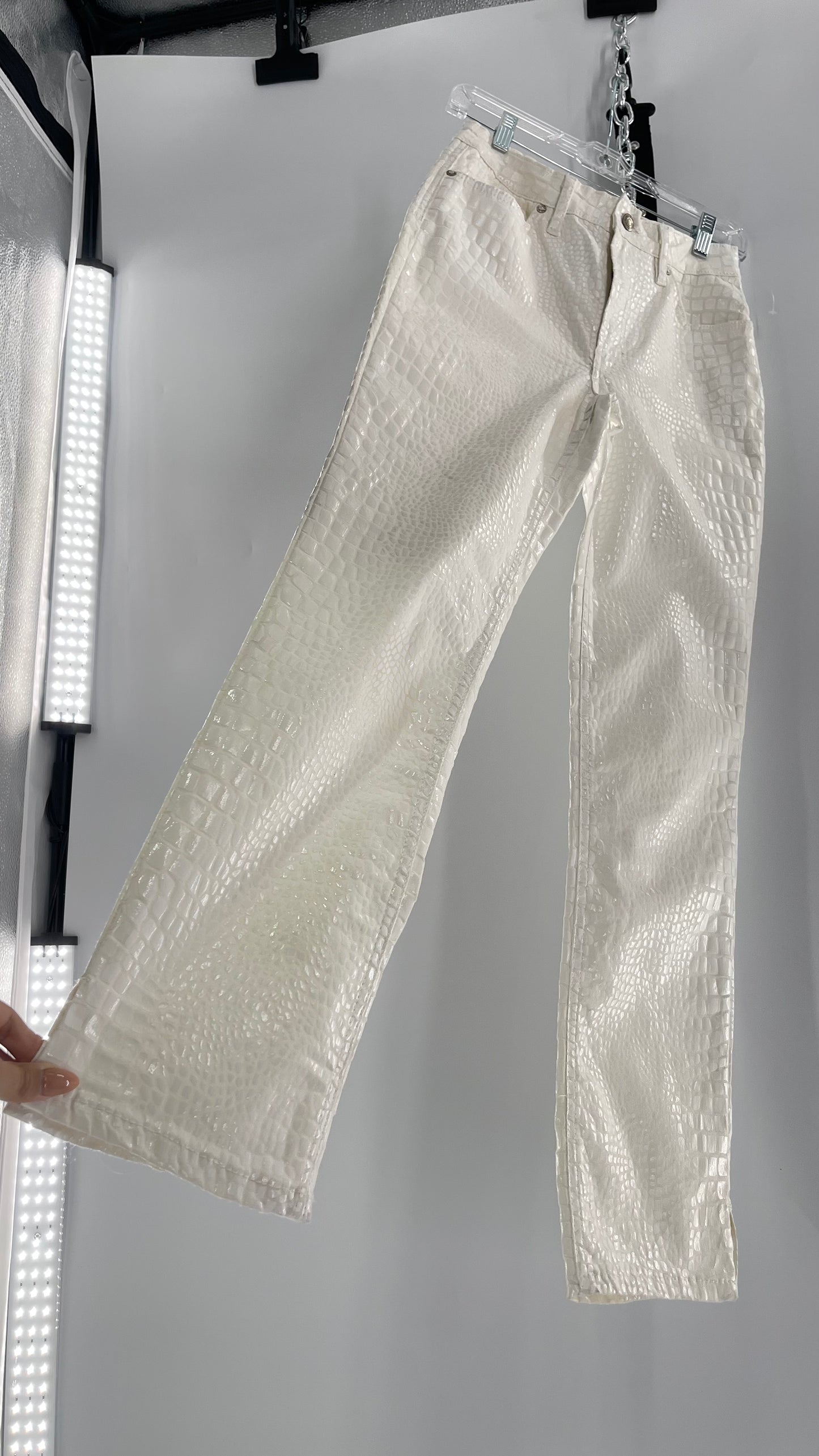 Free People White Straight Leg Jeans with Snake Patterned Texture (27)
