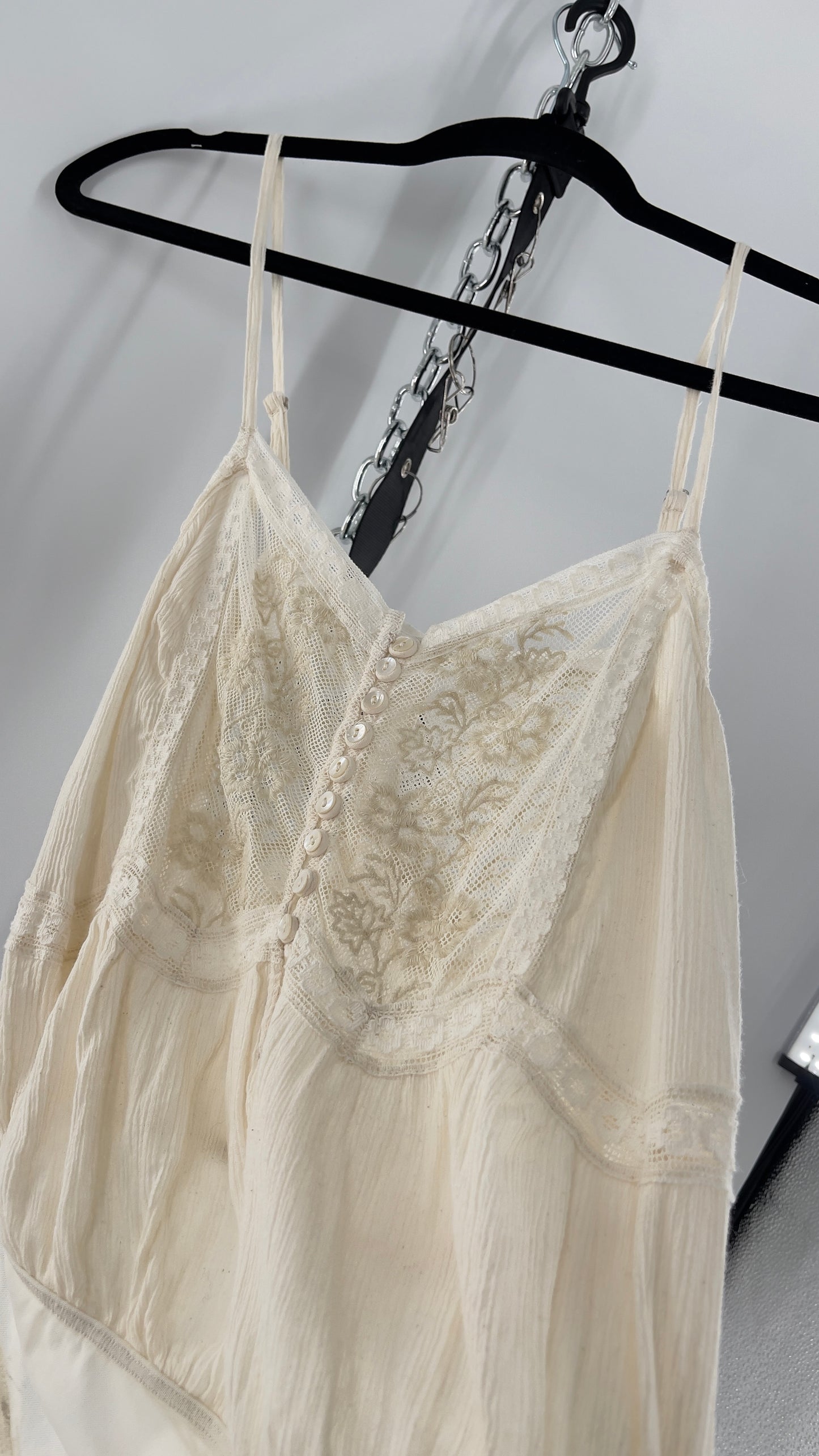 Free People Off White Cotton Bodysuit with Lace Buttoned Bust (Small)