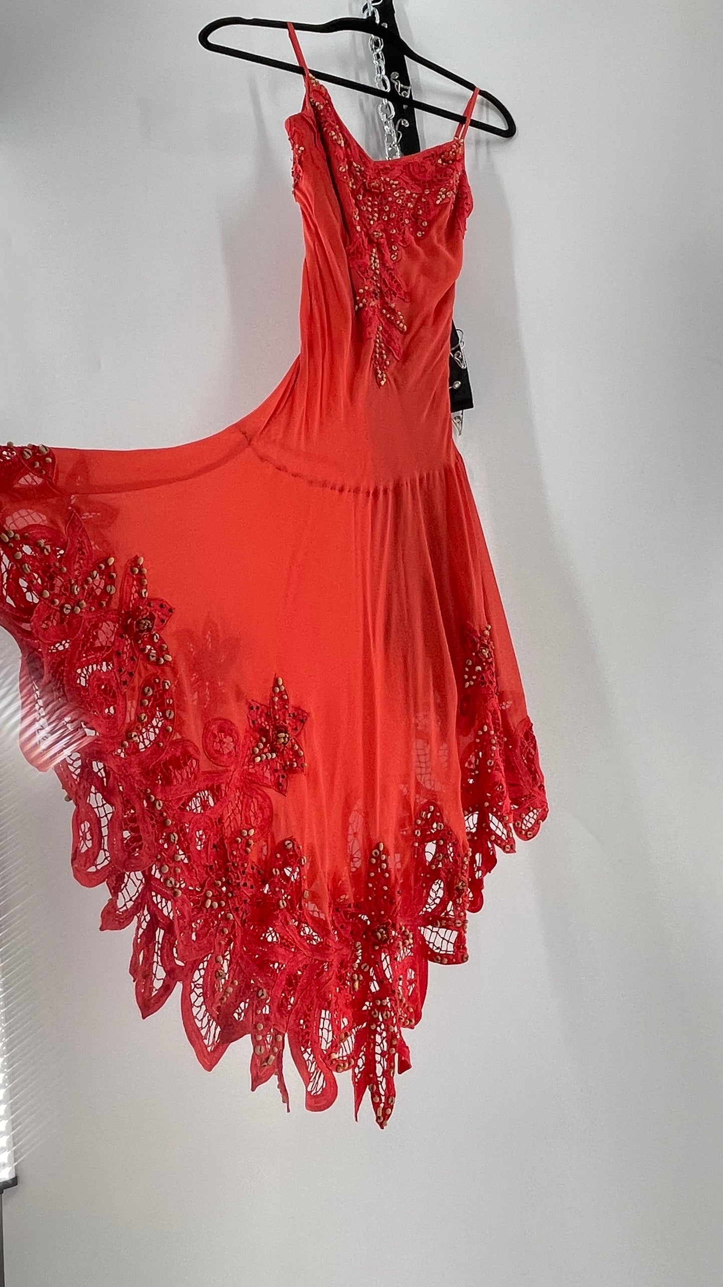 1990s Vintage Cache Coral Appliqué Tropical Beaded Slip (2)