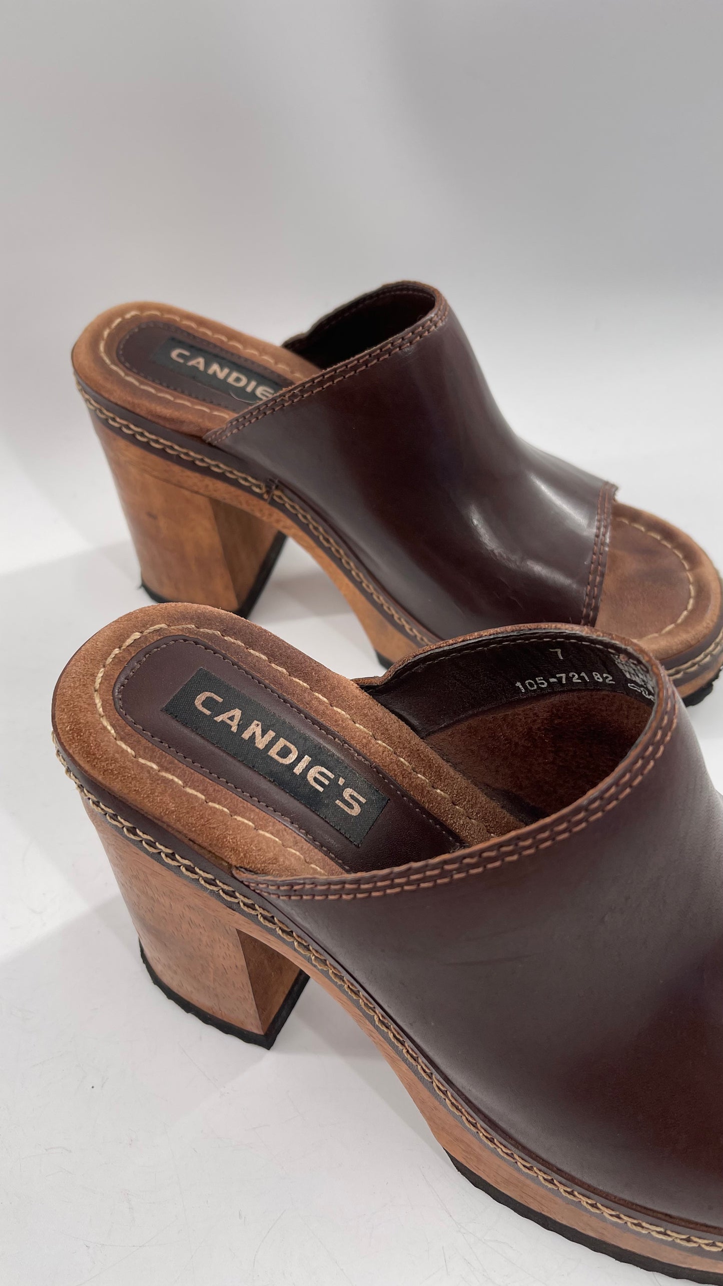 Vintage 1990s Candie’s Leather Mule Chunky Wood Platform Heels (7)
