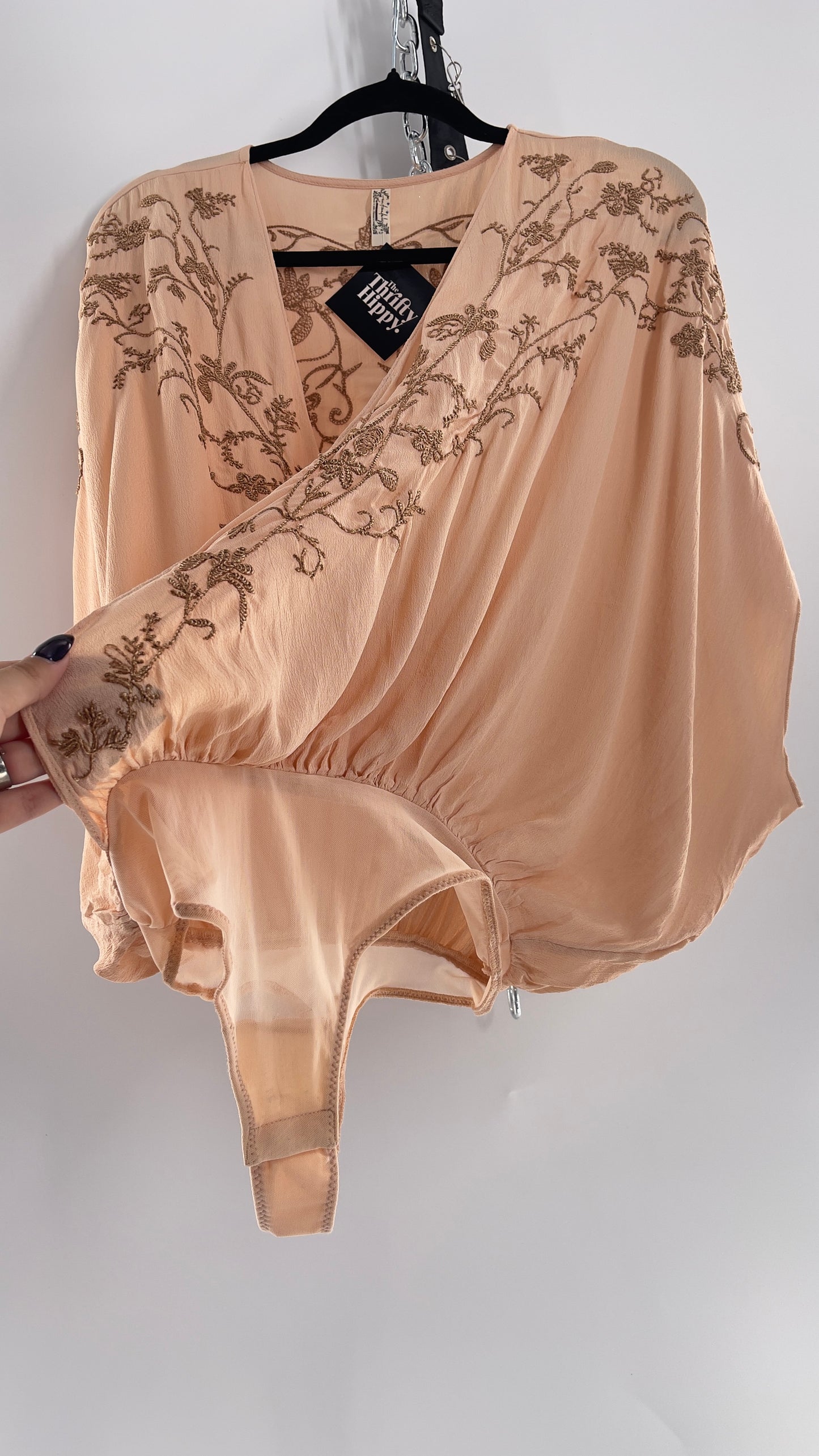 Free People Blush Short Sleeve Bodysuit with Gold Embroidered Blossoms (Small)